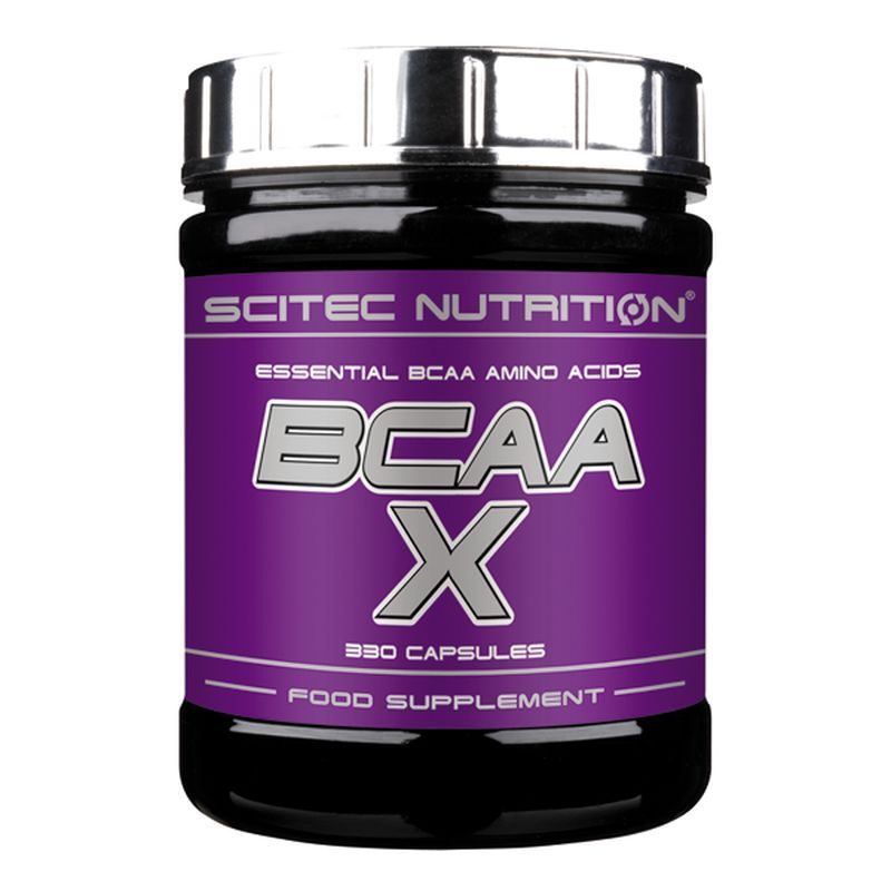 Schwarze Dose mit silbernem Deckel. Auf lila Etikett: "SCITEC NUTRITION", "BCAA X", "330 Capsules", "Food Supplement".