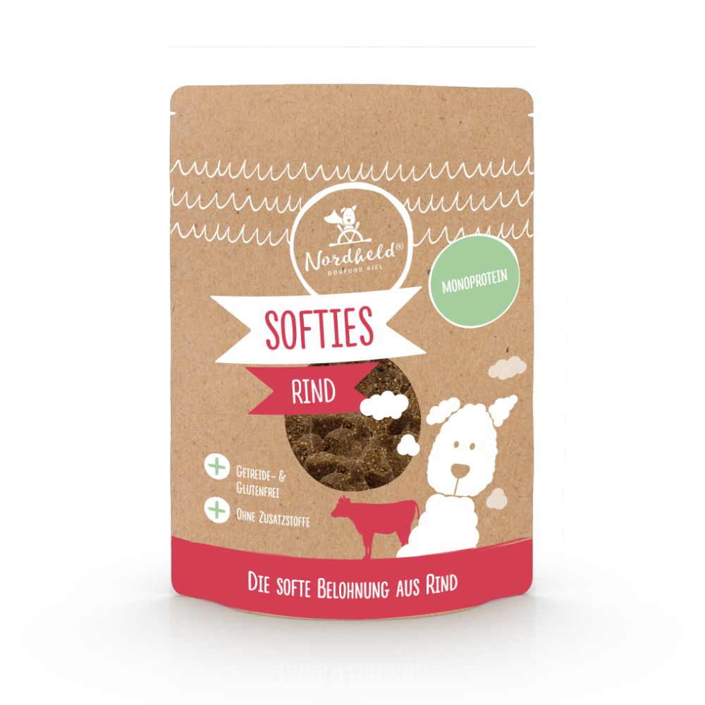 Verpackung von Nordheld Softies Rind. Braune Tüte mit Produktnamen und Illustrationen. Text: Monoprotein, ohne Zuckerzusatz.