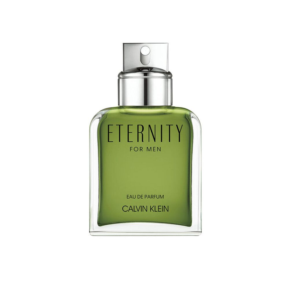 Eternity for Men Eau de Parfum Spray. Grüne Flüssigkeit in einer rechteckigen Glasflasche mit silbernem Zerstäuber. Calvin Klein.