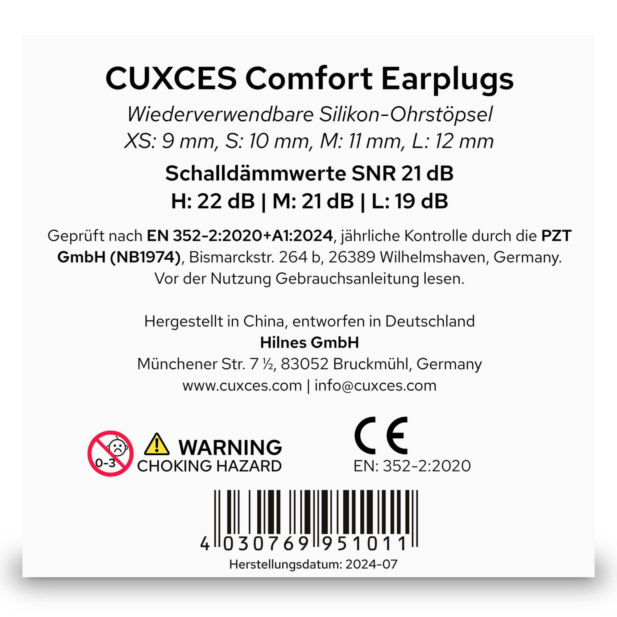 Etikett mit Produktinformationen: CUXCES Comfort Earplugs, wiederverwendbar, SNR 21 dB, CE-Kennzeichnung, Warnhinweis.