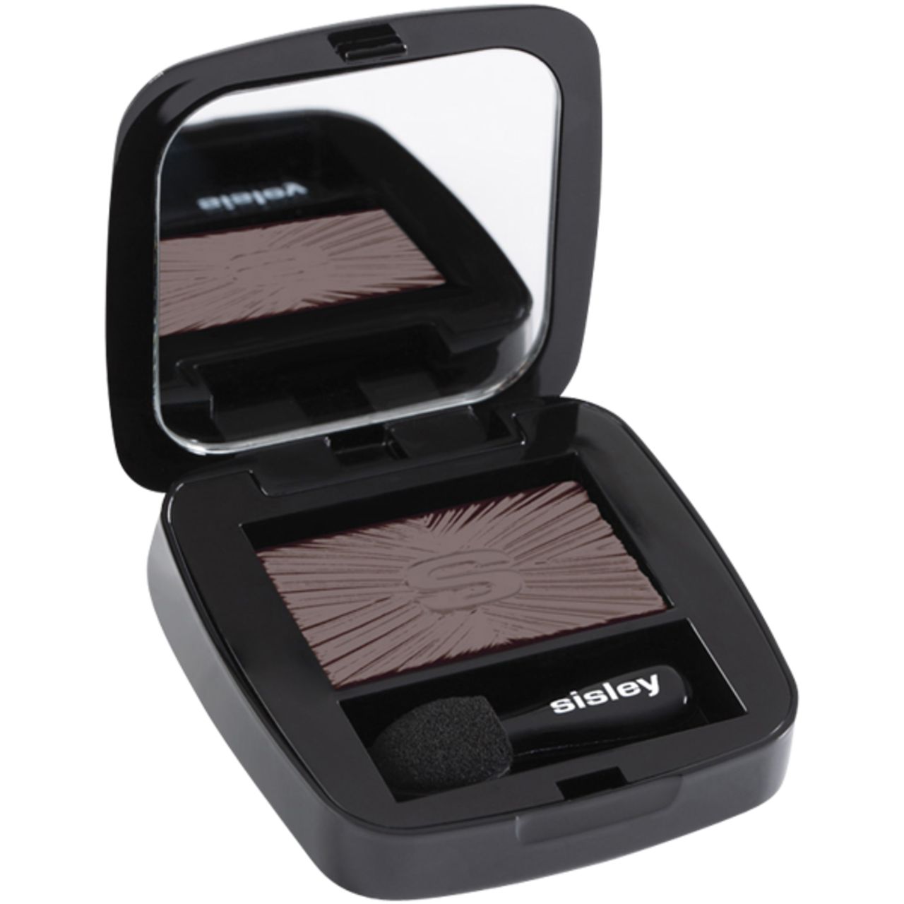 Geöffnete Sisley Lidschatten-Palette. Schwarzer Behälter, Spiegel, brauner Lidschatten mit Muster, Applikator.