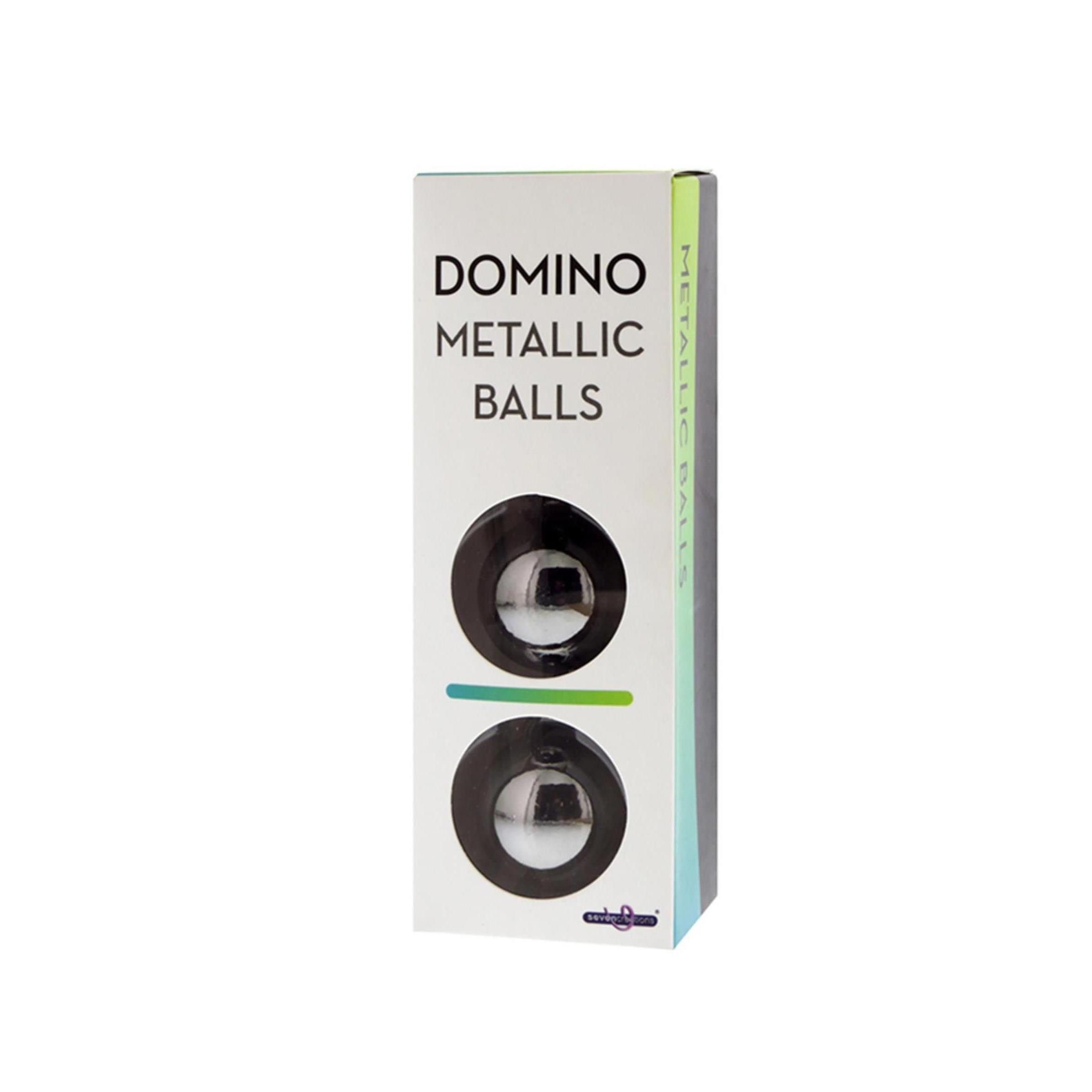 Verpackung mit zwei metallischen Kugeln. Aufschrift 'DOMINO METALLIC BALLS'.