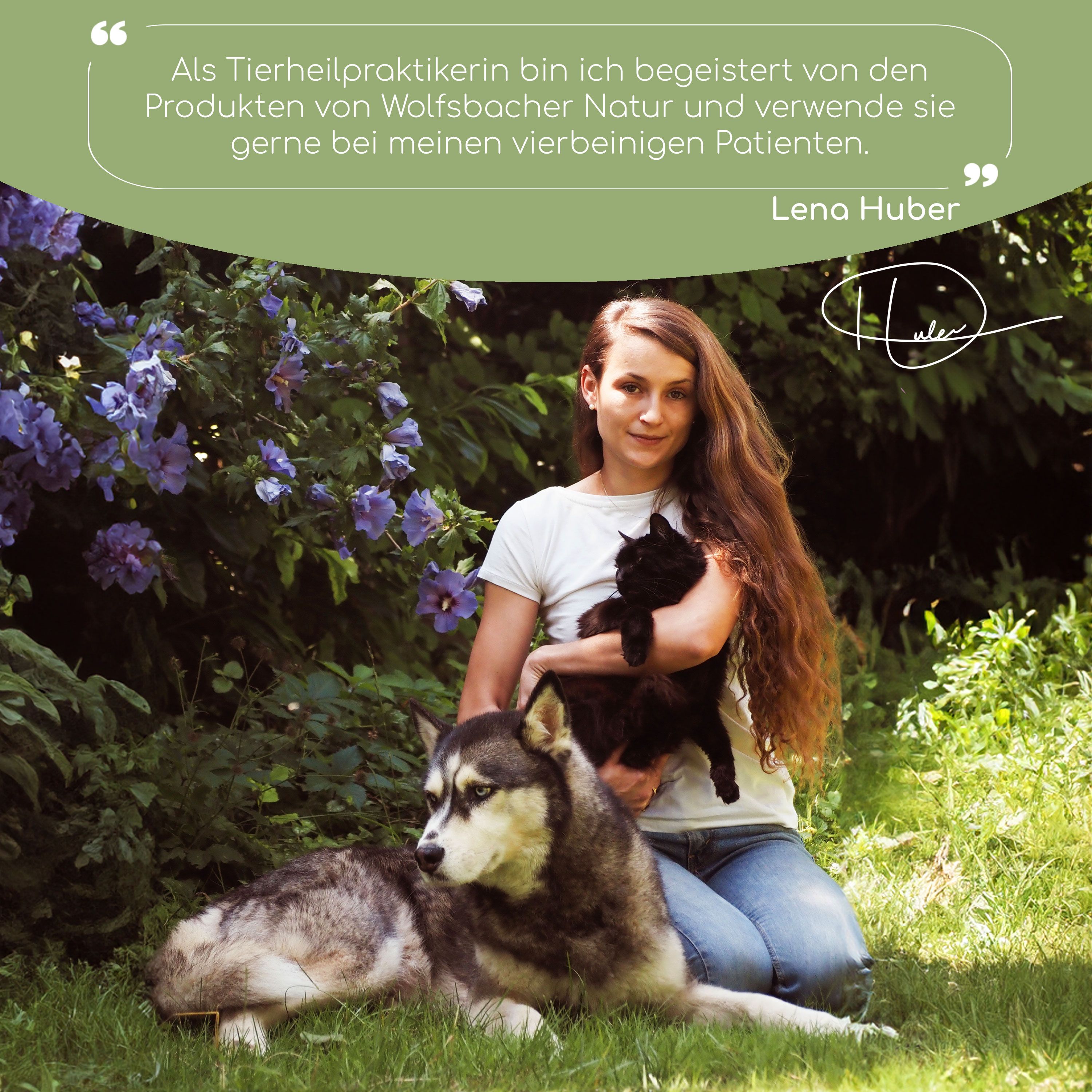 Frau mit Hund und Katze. Zitat: Tierheilpraktikerin empfiehlt Wolfsbacher Natur Produkte.