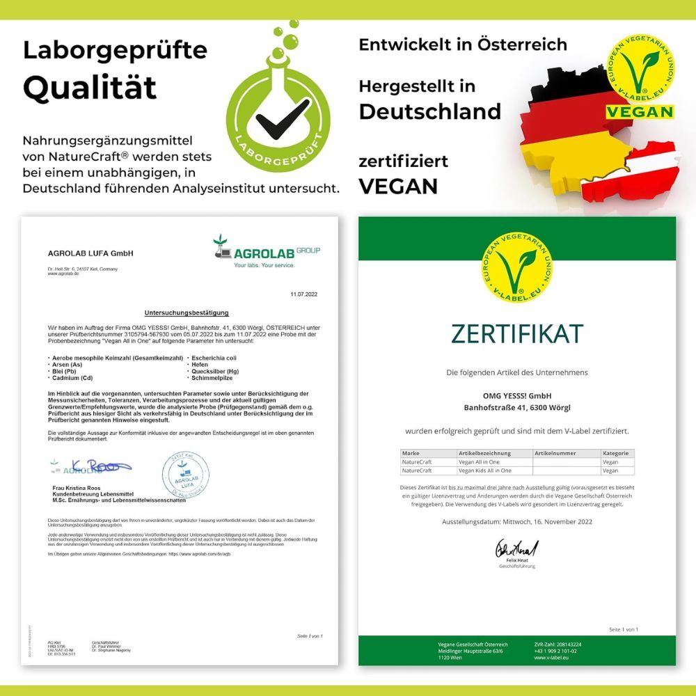 Zertifikate und Laborprüfberichte für ein veganes Nahrungsergänzungsmittel. Zeigt Siegel 'Laborgeprüfte Qualität' und 'Zertifiziert VEGAN'.
