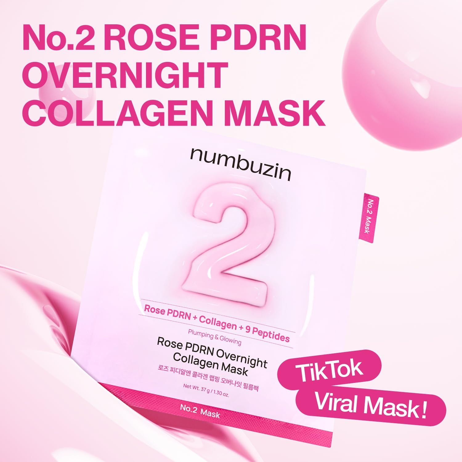 Rosafarbene Maske mit der Aufschrift "No.2 Rose PDRN Overnight Collagen Mask". Marke: Numbuzin. Verpackung mit rosa Hintergrund und Text.