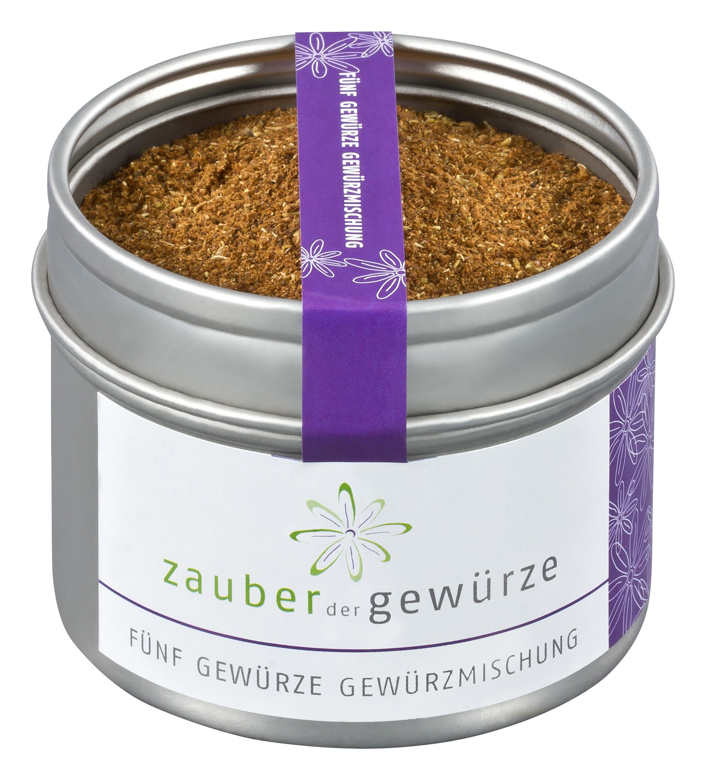 Runde Dose mit Fünf-Gewürze-Pulver. Silberfarbenes Metall, weißes Etikett mit Schriftzug. Lila Band mit Text. Produktname: Zauber der Gewürze.