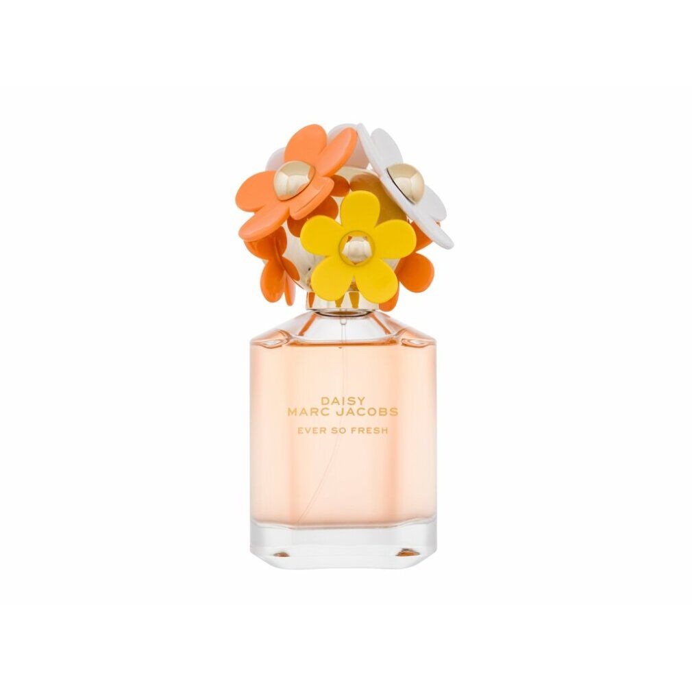 Parfümflasche mit gelben, weißen und orangefarbenen Blüten auf dem Deckel. Aufschrift: Daisy Marc Jacobs Ever so Fresh.