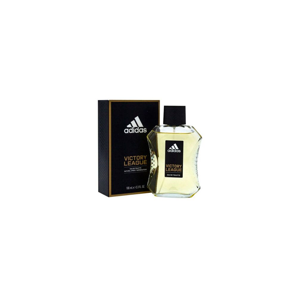 Parfümflasche und Schachtel. Auf der Schachtel und Flasche steht Adidas Victory League. 100 ml.