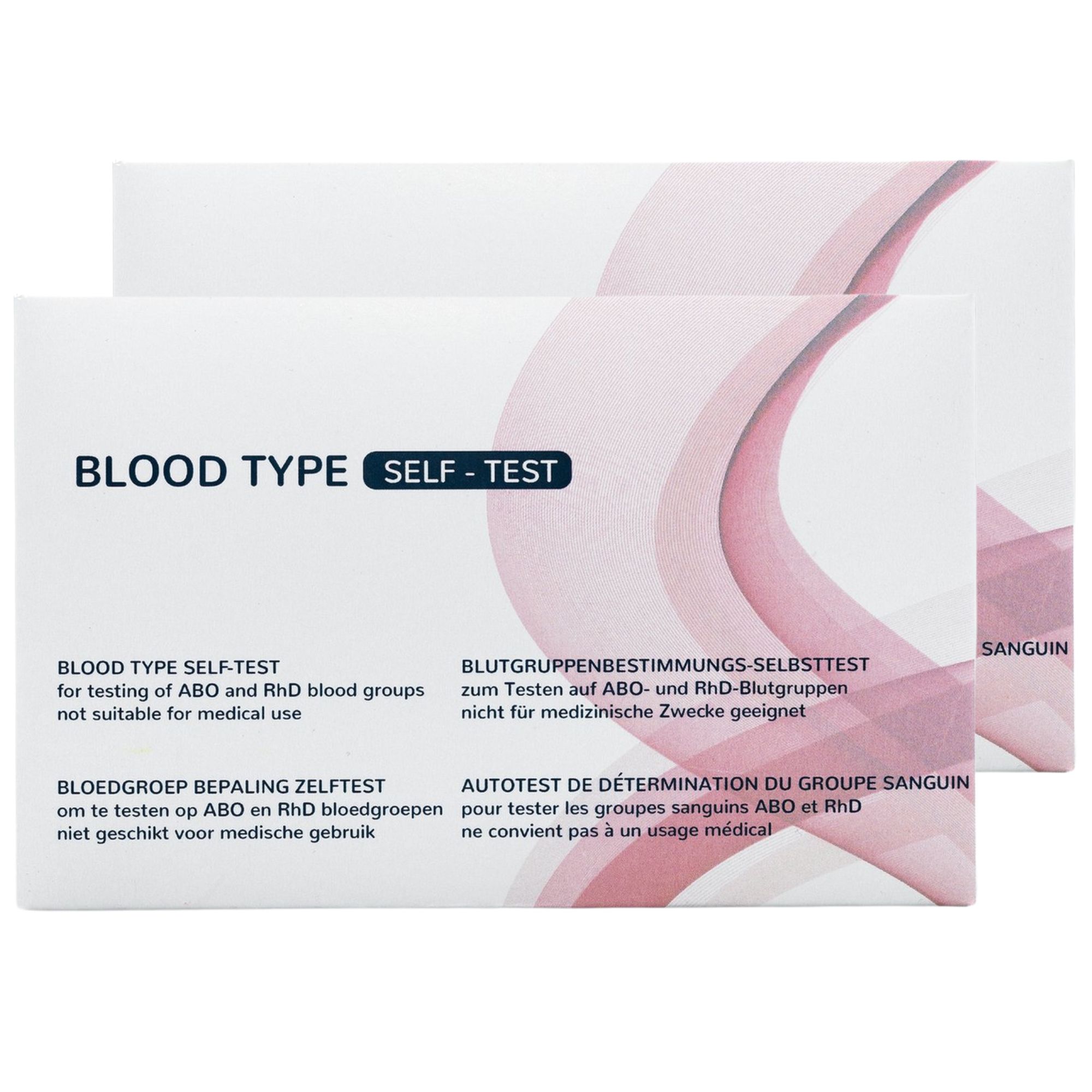 Zwei Packungen Blutgruppen Schnelltest. Aufschrift: Blood Type Self-Test. Texte in Deutsch, Englisch, Niederländisch und Französisch.