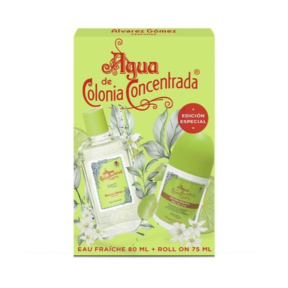 Grüne Verpackung mit Flakon und Roll-on. 'Alvarez Gómez' und 'Aqua de Colonia Concentrada' sind sichtbar. 'Eau Fraiche 80 ml + Roll on 75 ml'.