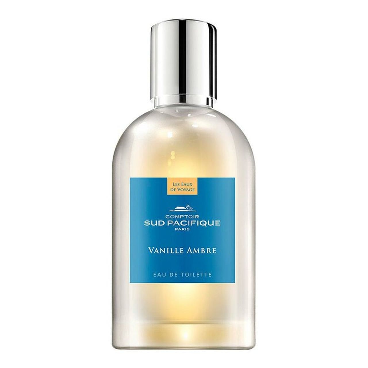 Parfümflasche mit blauem Etikett. Aufschrift: Comptoir Sud Pacifique, Vanille Ambre, Eau de Toilette.