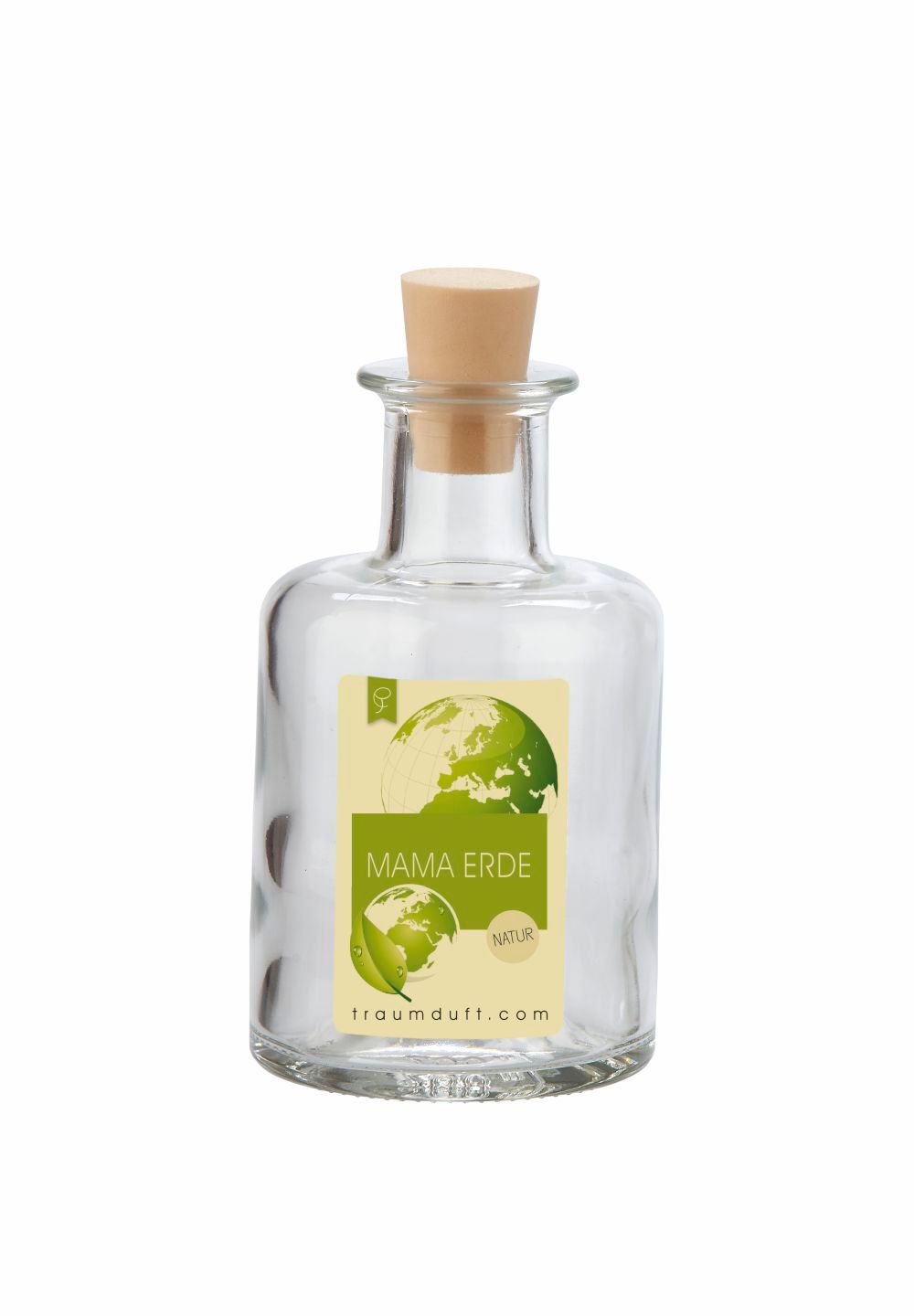Glasflakon mit Korken. Etikett mit Weltkugel-Grafik und Schriftzug Mama Erde. Natur-Logo. traumduft.com.
