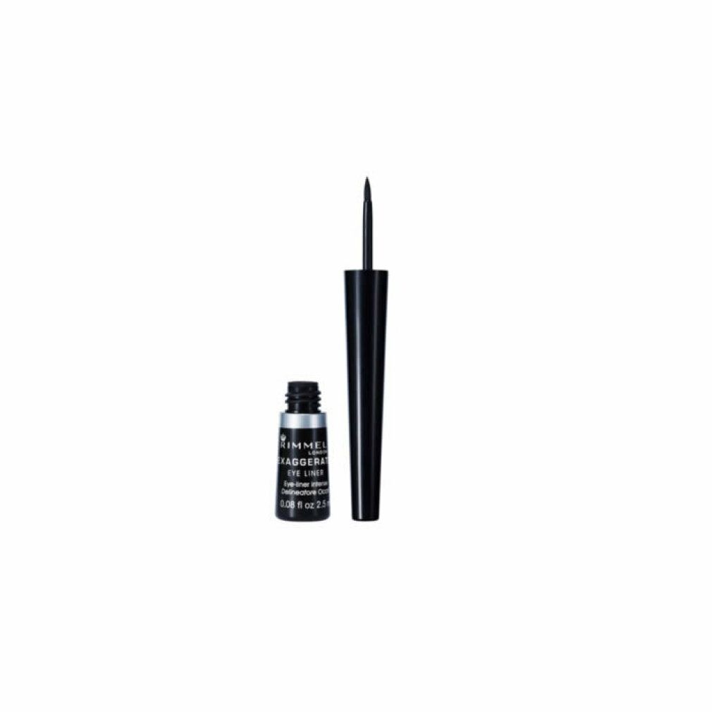 Schwarzer flüssiger Eyeliner, geöffnet. Flasche und Applikator sichtbar. Marke Rimmel Exaggerate.
