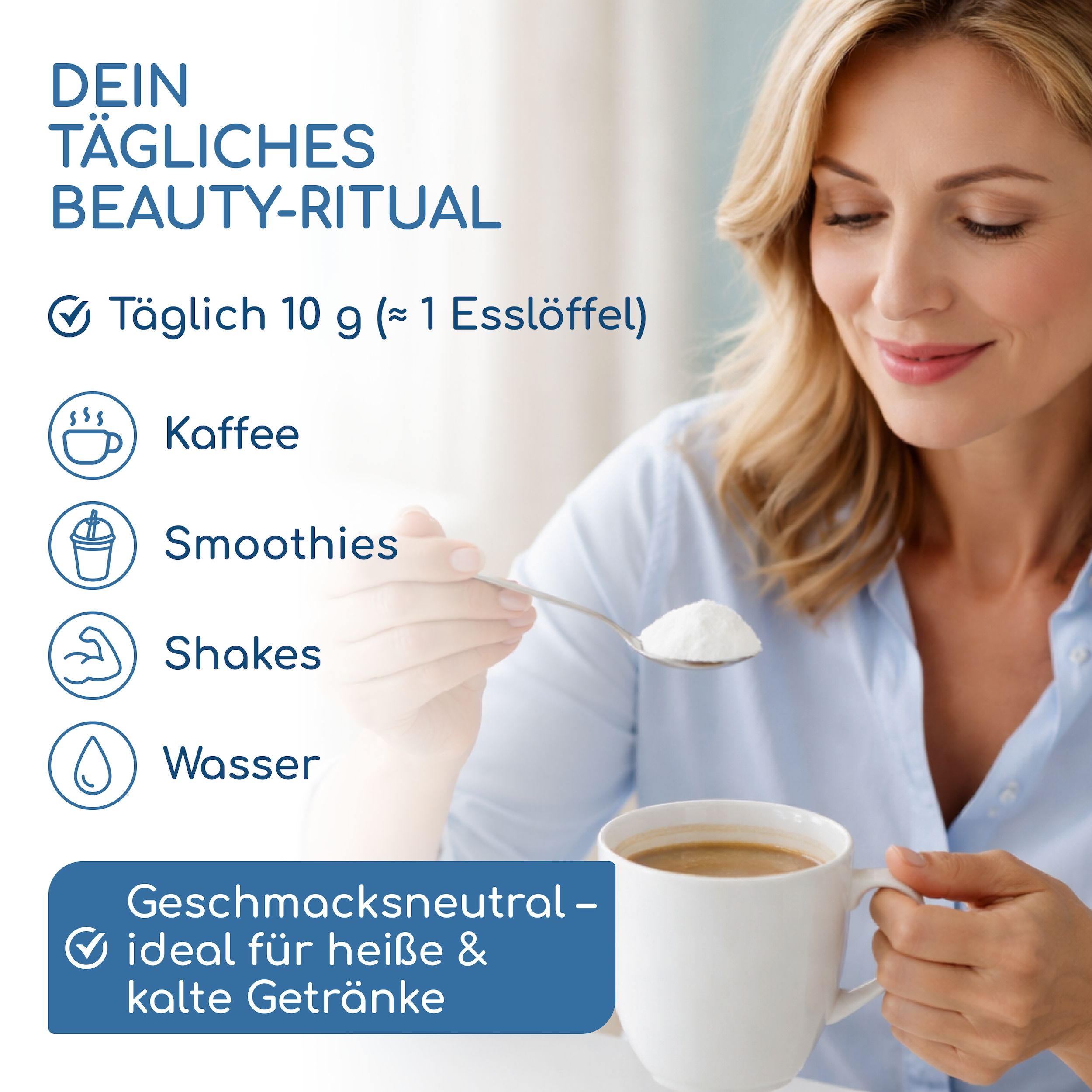Frau trinkt Kaffee mit Marine Kollagen Pulver: 10g täglich, geschmacksneutral.