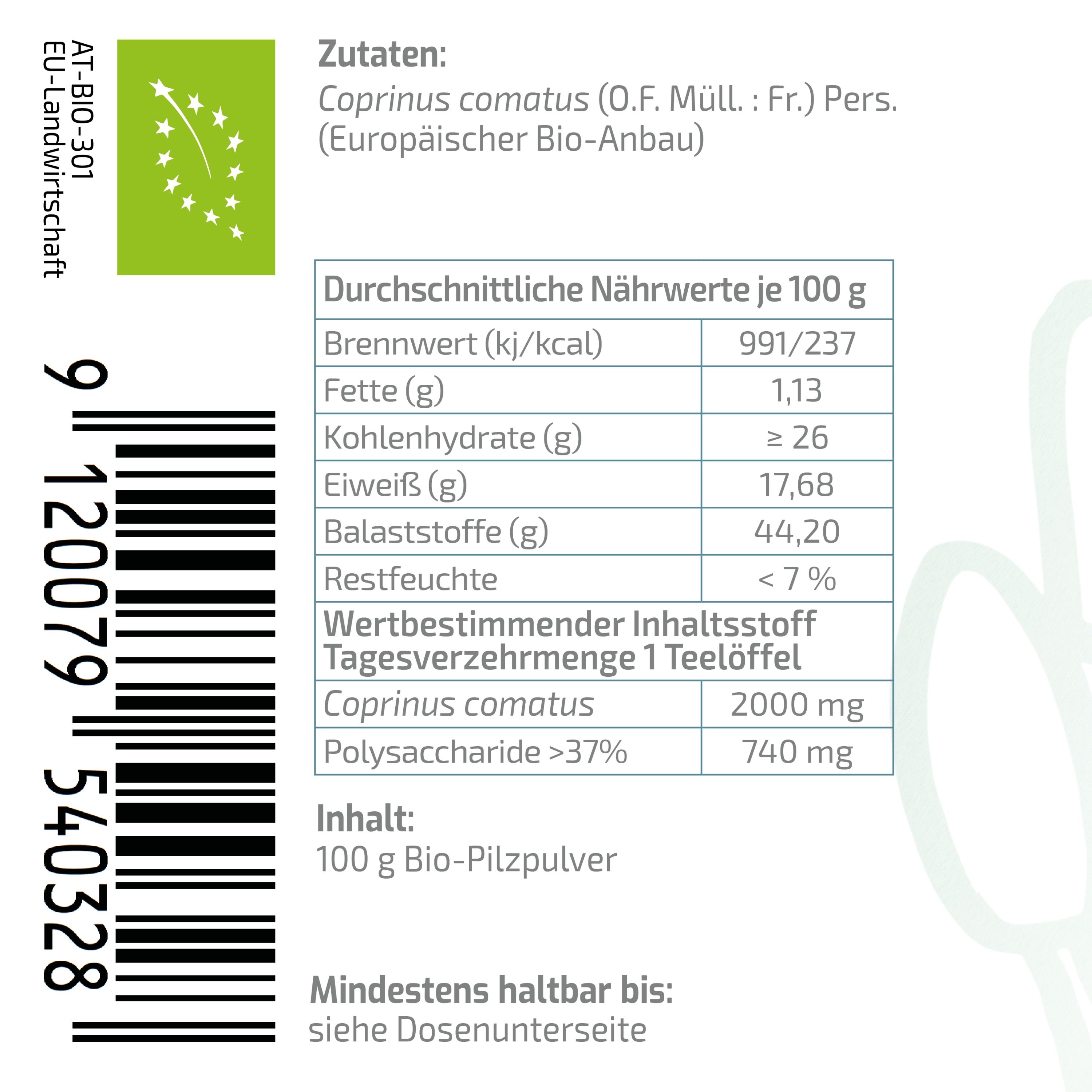 BEAUVITAL® Pure Bio Schopftintling Pulver (Coprinus comatus) aus EU-Anbau