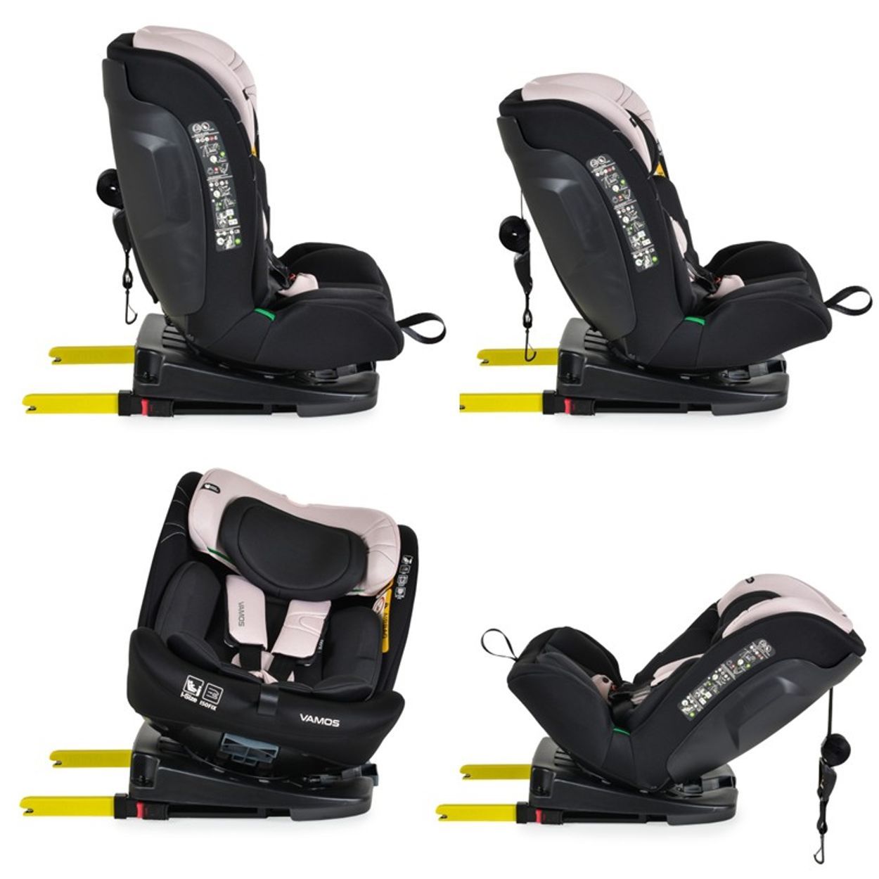 Vier Ansichten eines schwarzen Kindersitzes mit rosa Akzenten und ISOFIX-Befestigung.