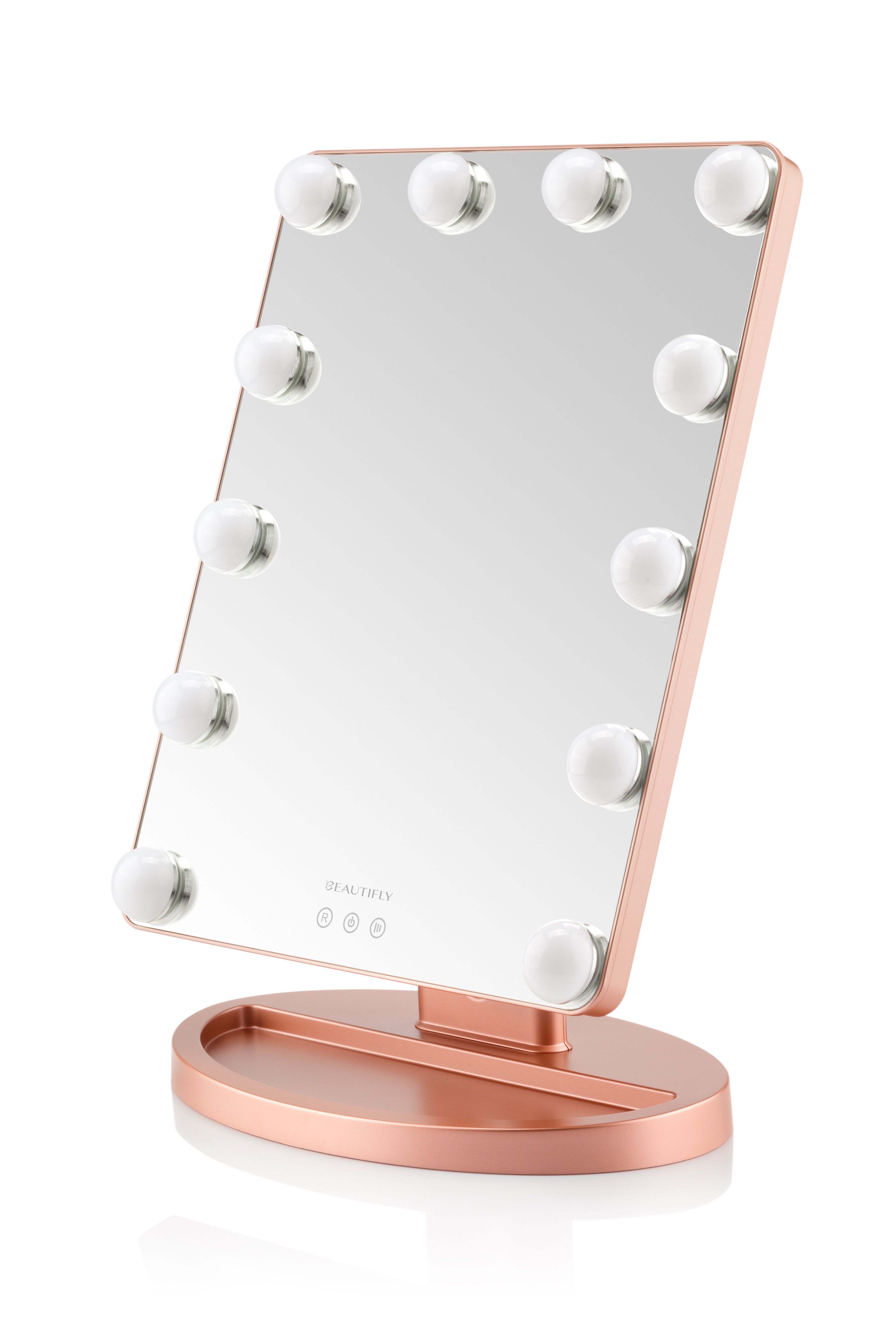 Schräger Spiegel mit LED-Leuchten, roségoldfarbenem Rahmen und Standfuß. Marke BEAUTIFLY.