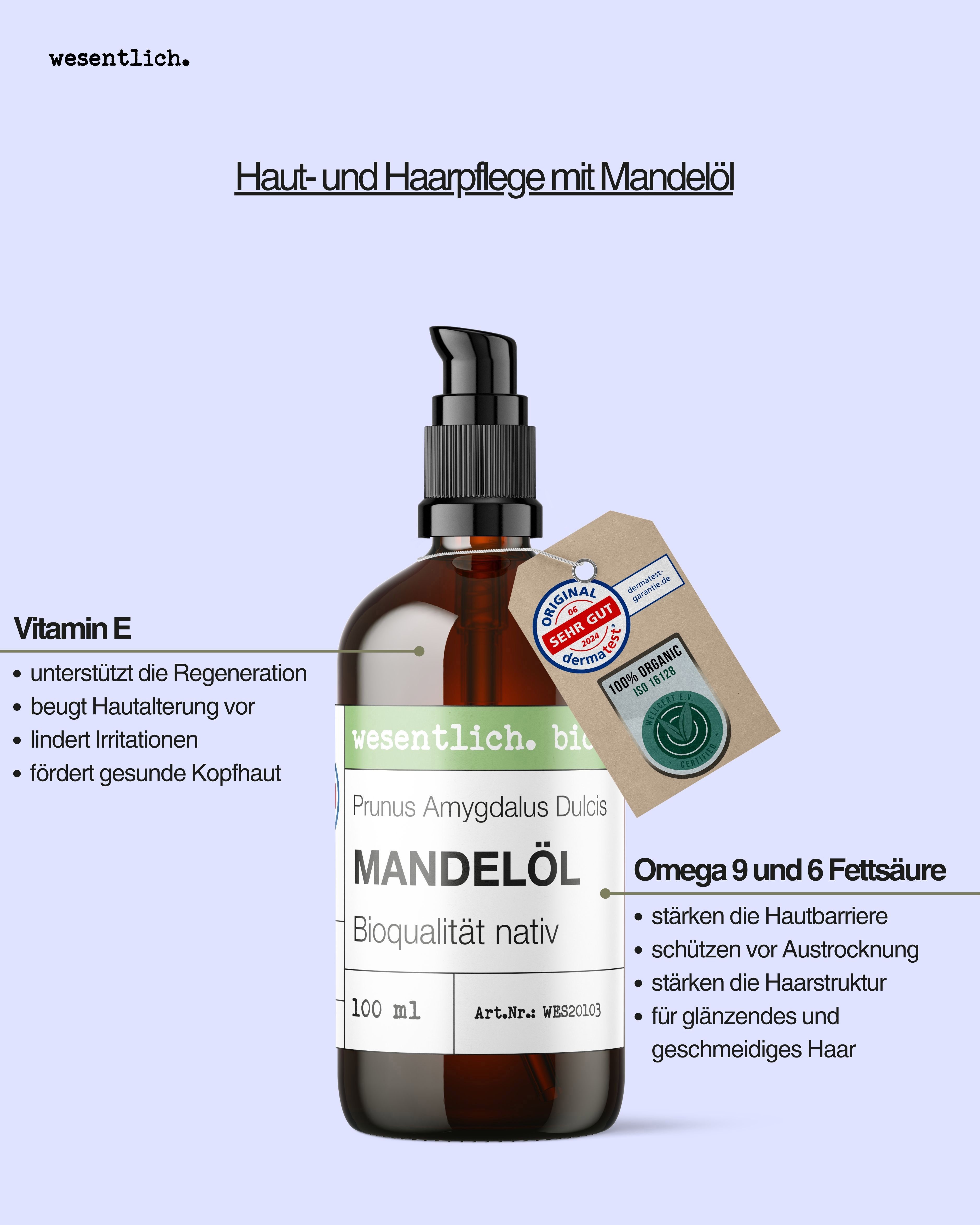 Braunglasflasche mit Mandelöl, Label mit Produktinformationen. Textfelder mit Vorteilen: Vitamin E, Omega 9 und 6 Fettsäuren.