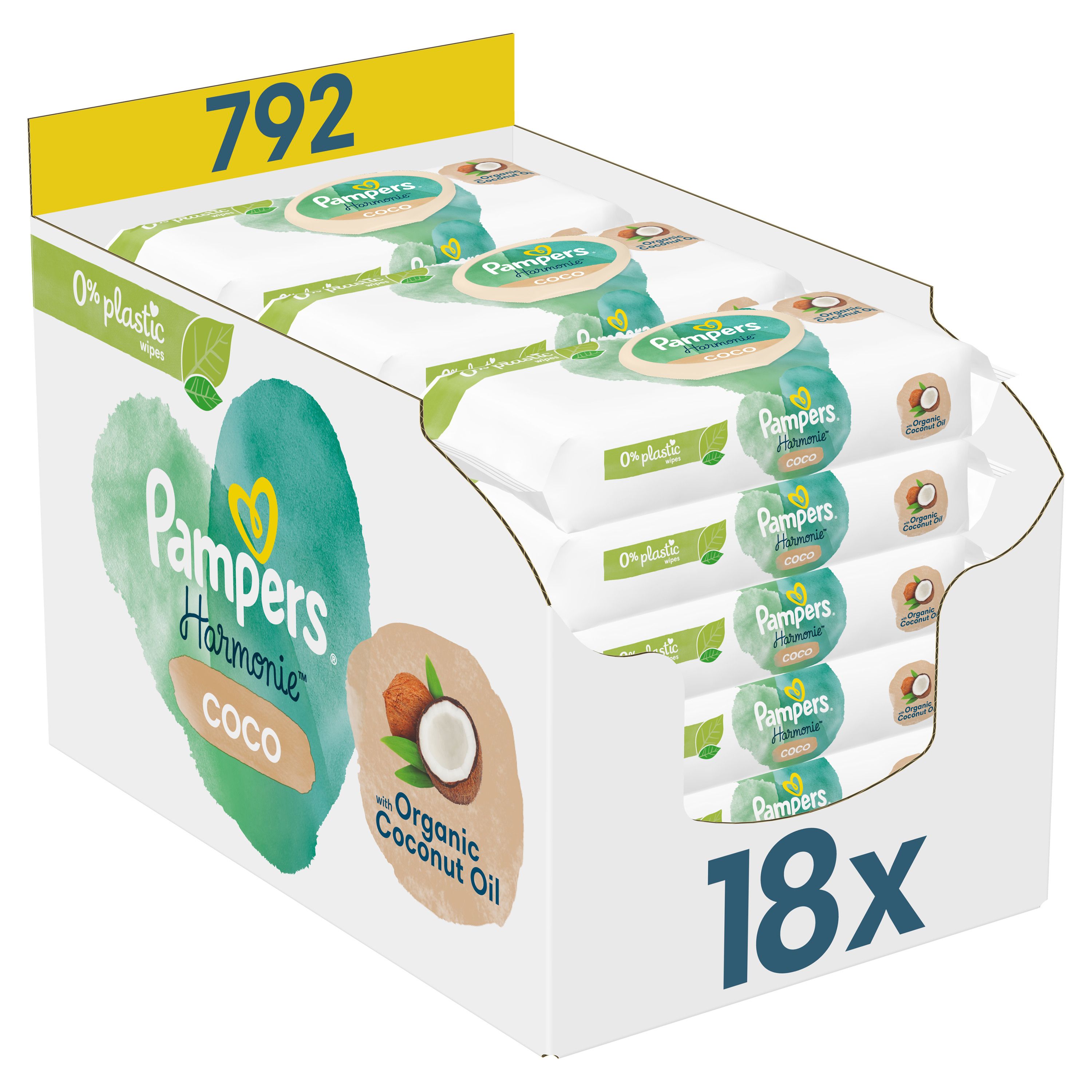 Verkaufsdisplay mit Pampers Feuchttüchern "Harmonie Coco". Packungen mit 18x und 792 Stück. Aufdrucke: "0% plastic wipes" und "Organic Coconut Oil".