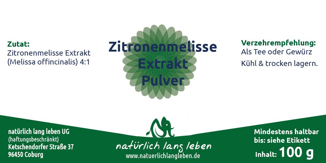 Etikett mit Text: Zitronenmelisse Extrakt Pulver. Zutaten, Verzehrempfehlung, Mindesthaltbarkeit. Logo: natürlich lang leben. Inhalt: 100 g.