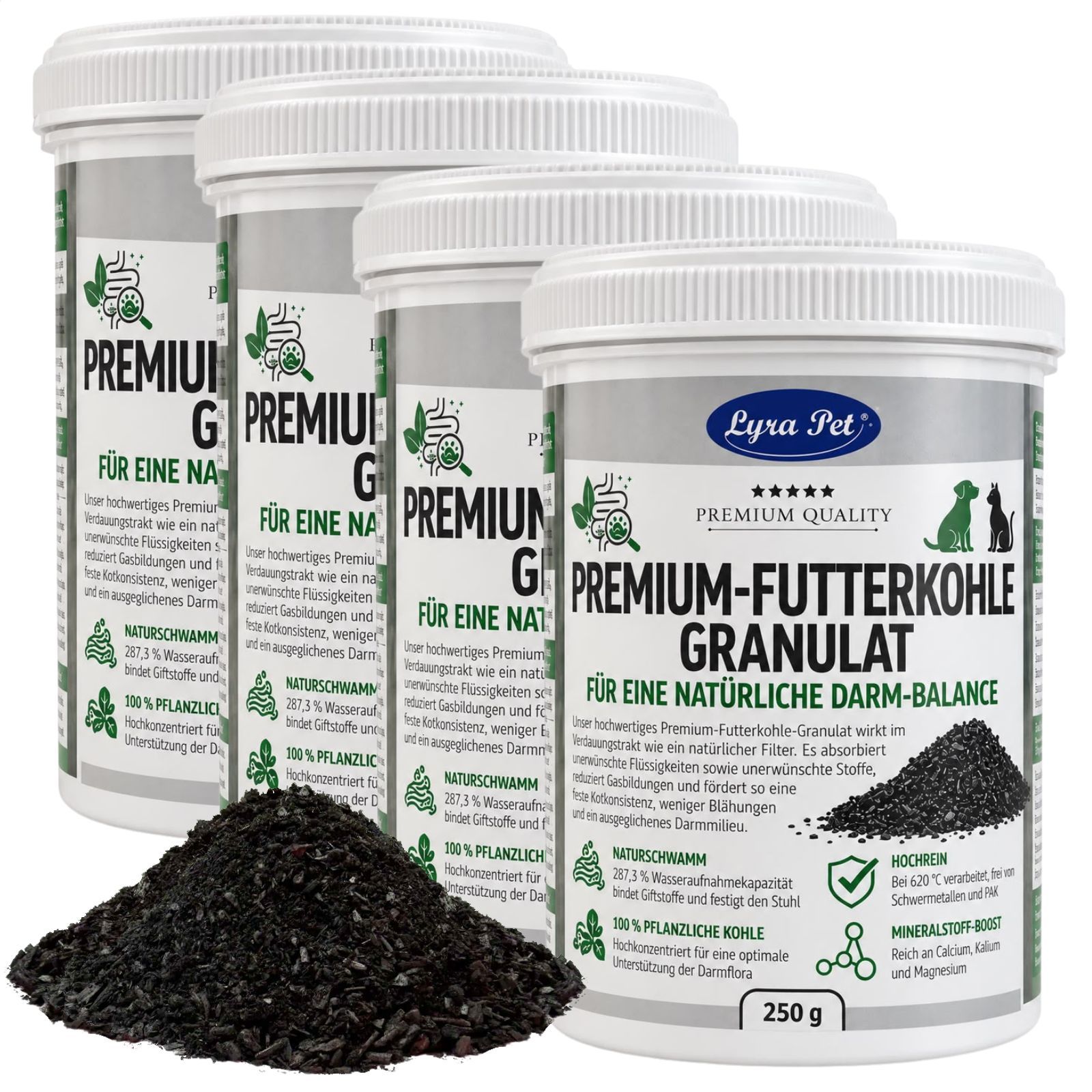 Vier Behälter Lyra Pet Premium Futterkohle Granulat, daneben ein Haufen Granulat.