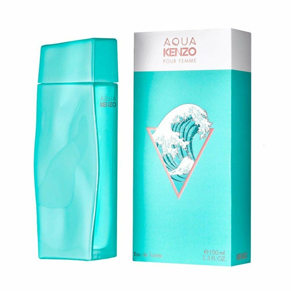 Türkisgrüner Flakon und Verpackung. Verpackung mit Wellenmotiv und Schriftzug AQUA KENZO POUR FEMME.