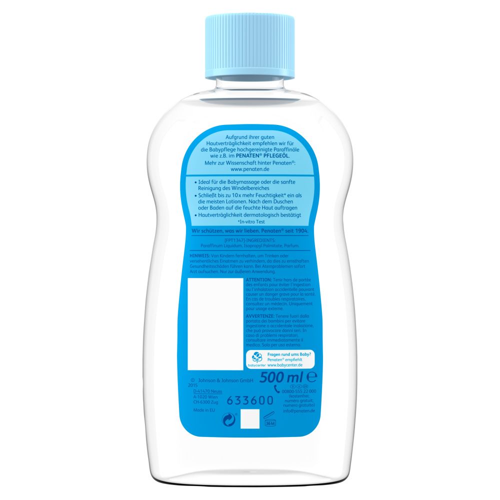 Rückseite der Flasche. Text und Informationen. Blaues Etikett mit Logo und Schriftzug 'PFLEGEÖL'.