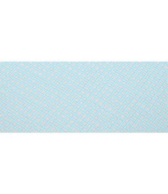 Nahaufnahme des BERTSCHAT® Kühlendes Spannbettlaken. Hellblaues, quadratisch gemustertes Gewebe.