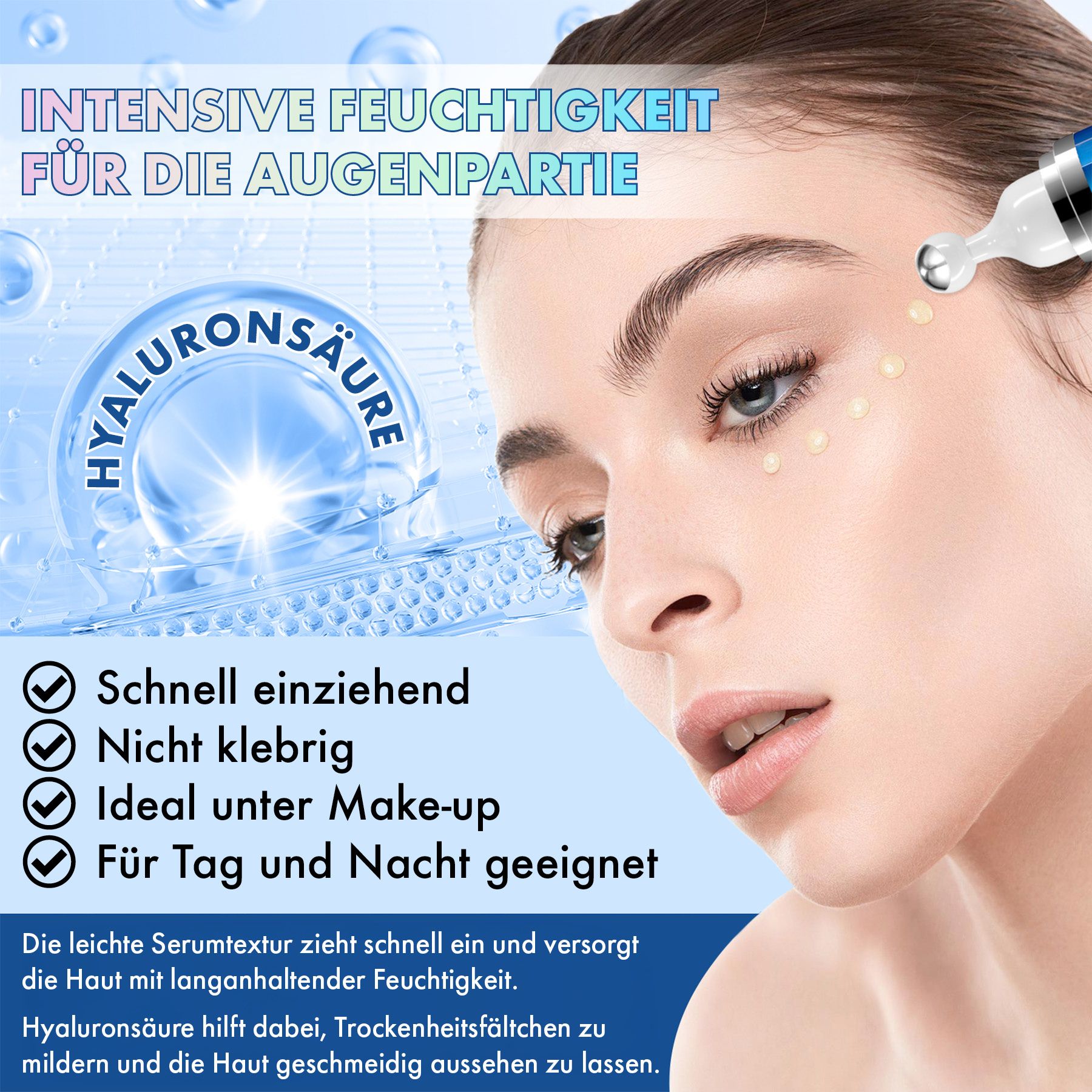 Frau mit aufgetragener Hyaluronsäure-Augencreme.