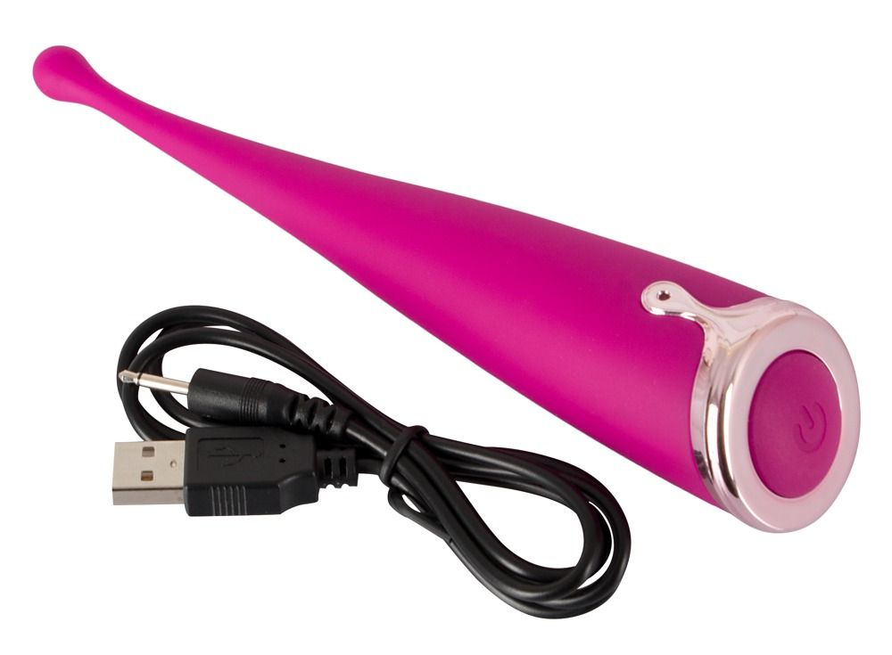Rosa Vibrator mit abgerundeter Spitze und USB-Kabel. Konische Form. Auf weißem Hintergrund.