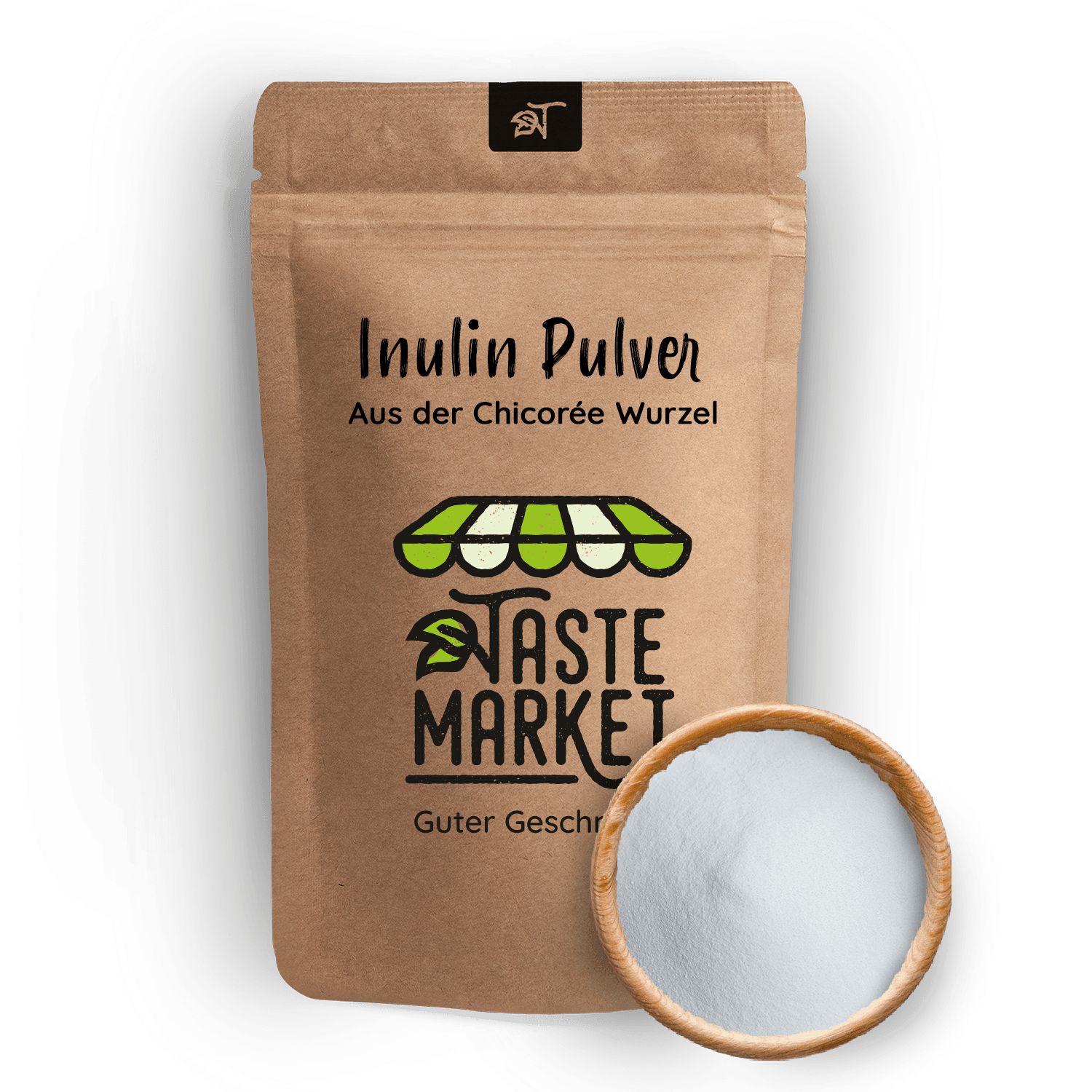 Beutel mit Inulin Pulver und Schale mit weißem Pulver. Aufschrift: Taste Market, Inulin Pulver, Aus der Chicorée Wurzel.