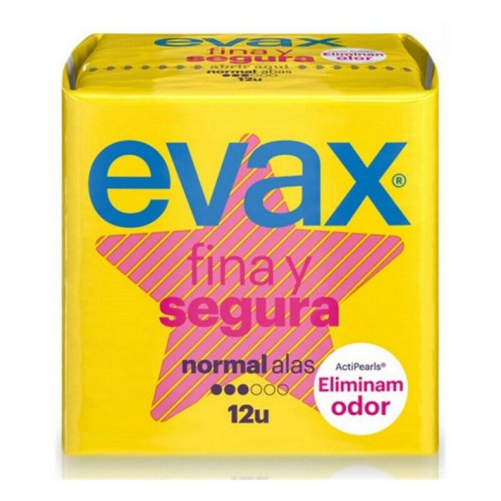 Gelbe Verpackung mit blauem Schriftzug "evax fina y segura normal alas 12u". Rosa Stern. ActiPearls: Elimina o odor.