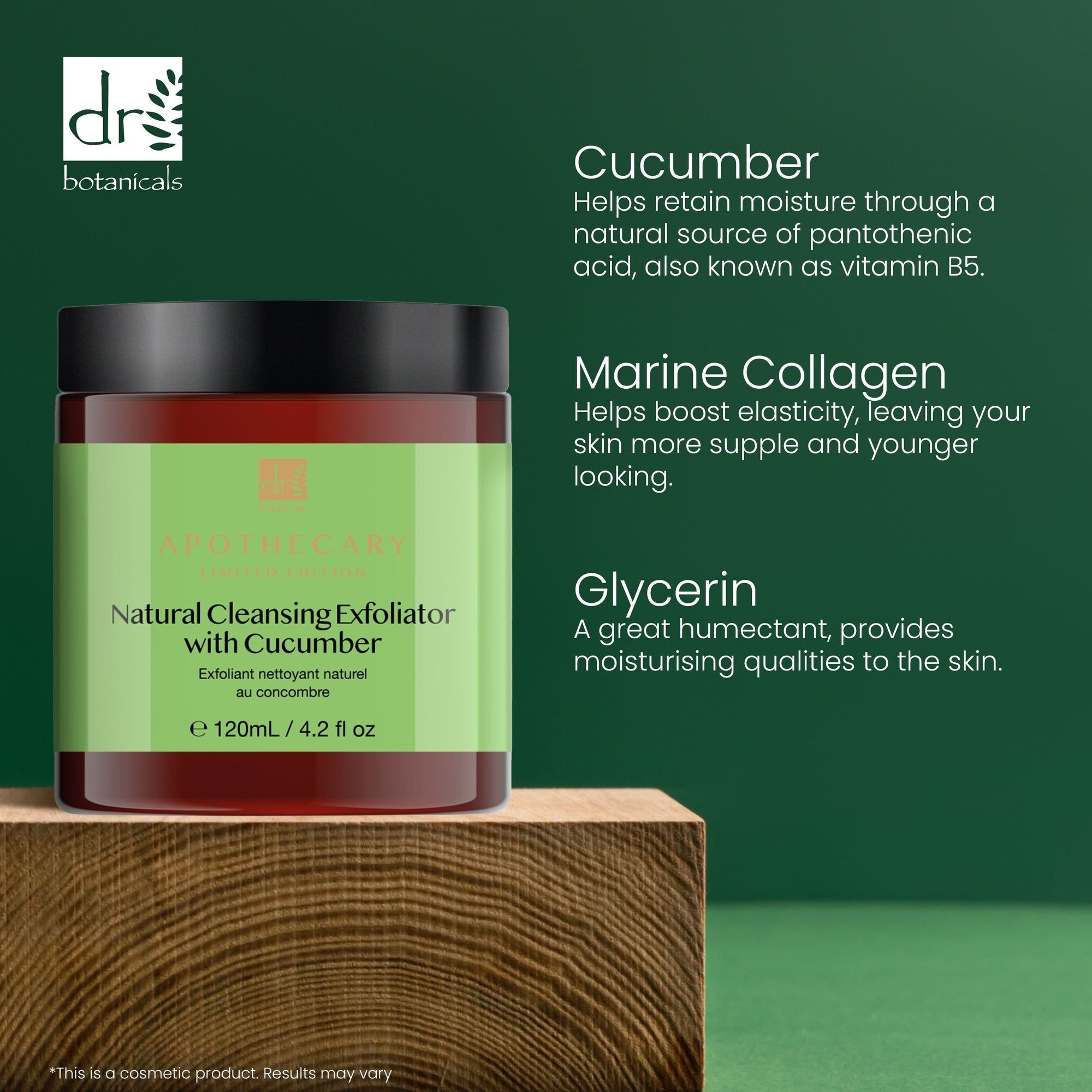 Produkt auf Holzblock. Aufschrift: Natural Cleansing Exfoliator with Cucumber. Text: Cucumber, Marine Collagen, Glycerin.