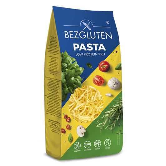 Verpackung mit Bezgluten Pasta, niedriger Proteingehalt. Grün-gelbes Design mit Gemüseabbildungen und Zertifizierungen.