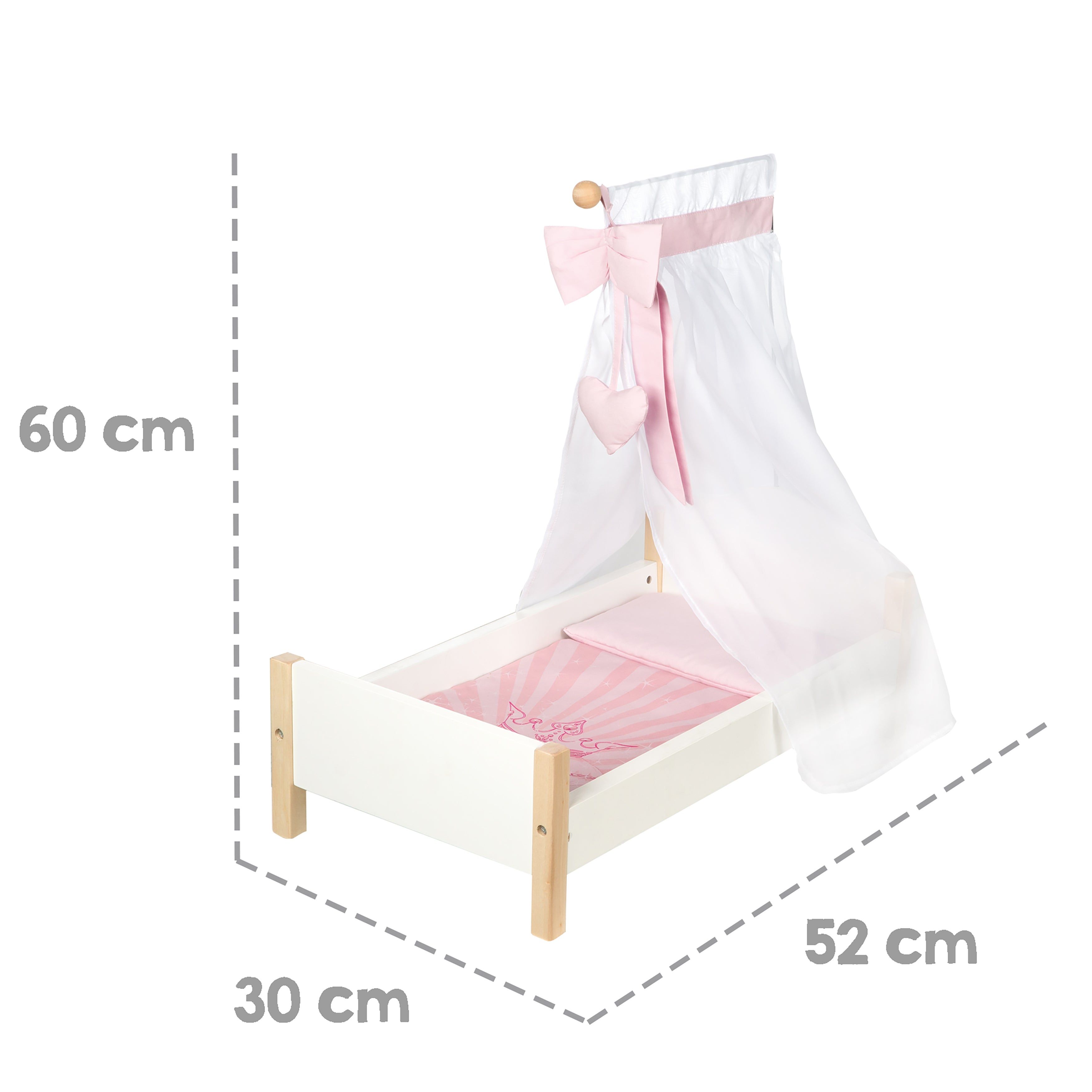 Puppenstandbett Scarlett. Weißes Bett mit Holzbeinen. Rosa Bettwäsche. Maße: 60x52x30 cm. Weißer Betthimmel mit Schleife.