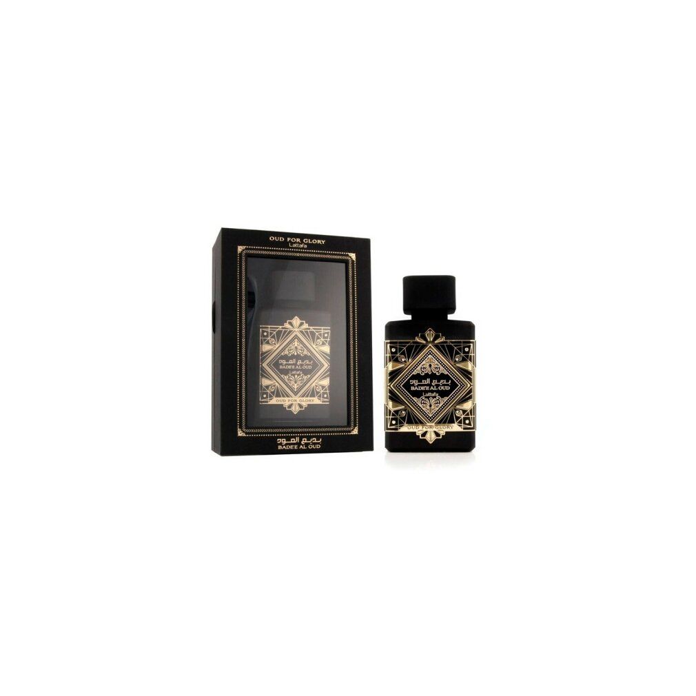 Schwarze Flasche und Verpackung. Goldfarbene Verzierungen und Schrift. "Oud for Glory" und arabische Schrift.