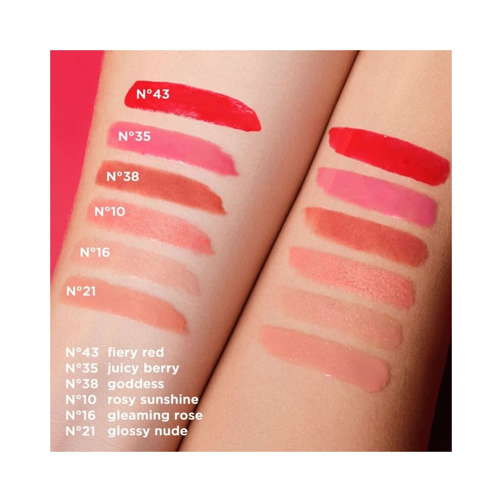 Arme mit Lipgloss-Farben. Verschiedene Farbtöne, nummeriert, Produktnamen.