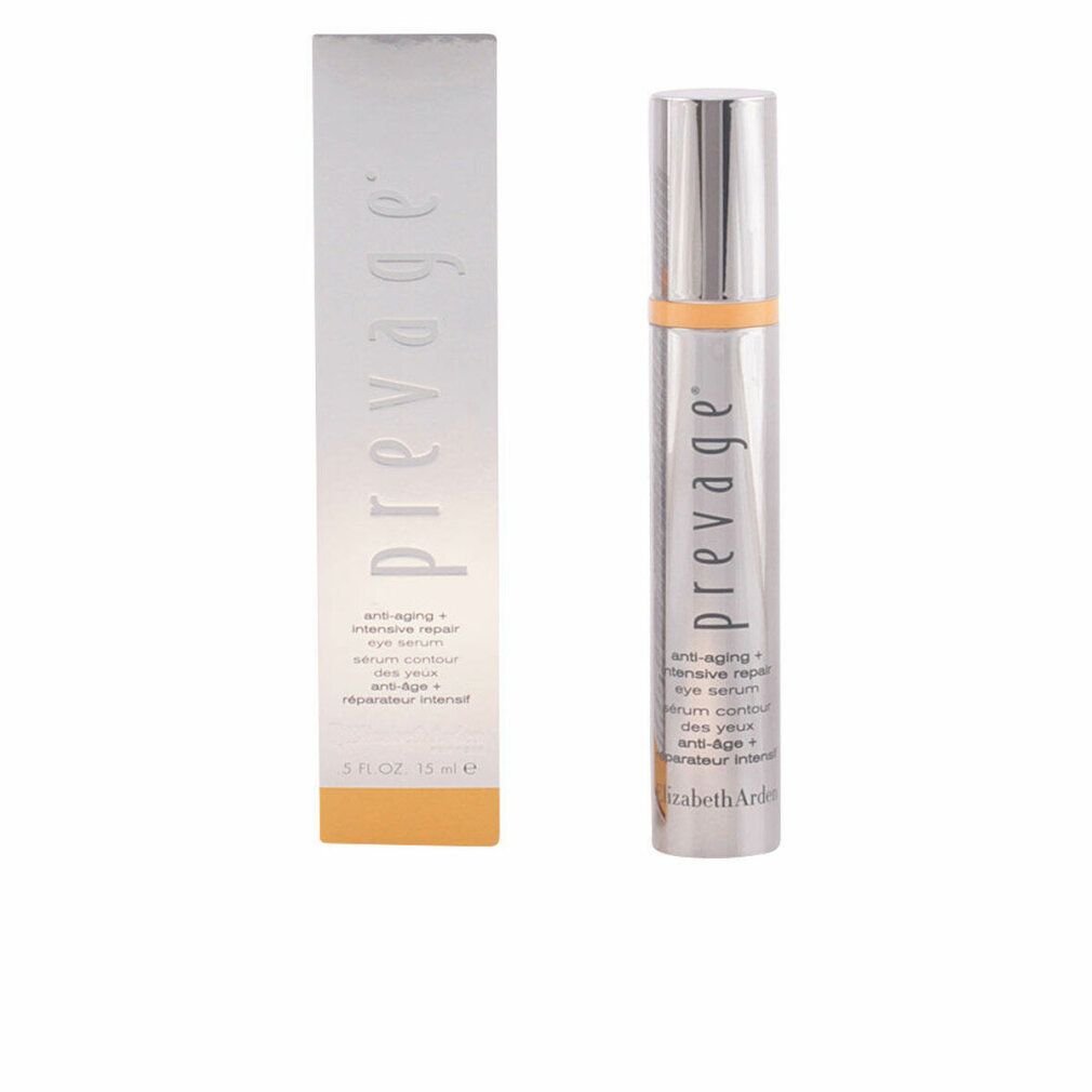Silberne Flasche und Schachtel mit "prevage"-Schriftzug. Gelber Akzent. Produktname und Details.