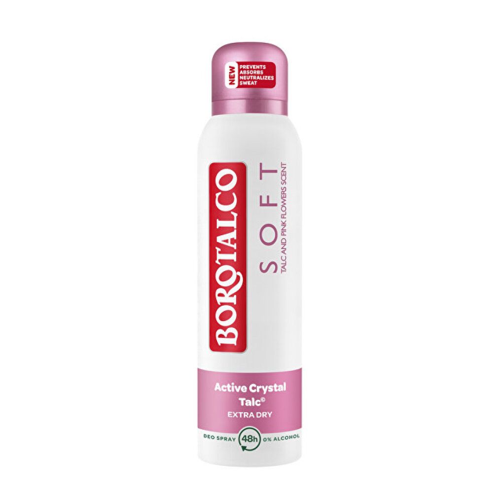 Deospray-Dose, weiß mit rosa Akzenten. Schriftzug Borotalco Soft. Enthält Active Crystal Talc. Extra Dry. Mit 48h Schutz.