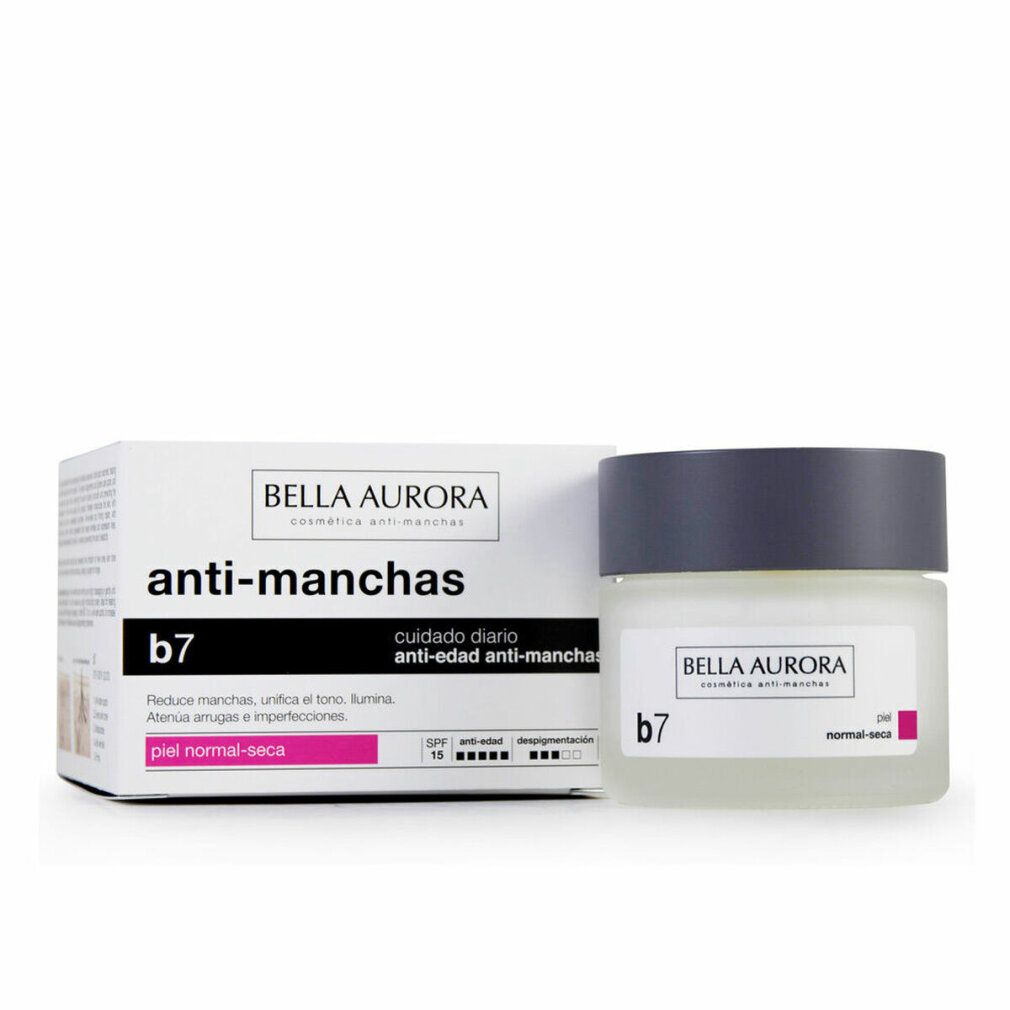 Bella Aurora Anti-Manchas b7 Creme in einem Glasbehälter mit grauem Deckel. Kartonverpackung daneben.