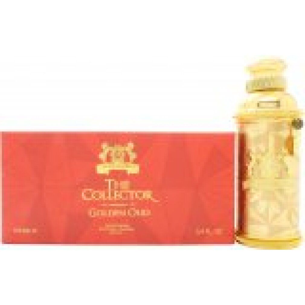 Goldfarbener Flakon neben roter Verpackung. Auf der Verpackung steht The Collector Golden Oud.