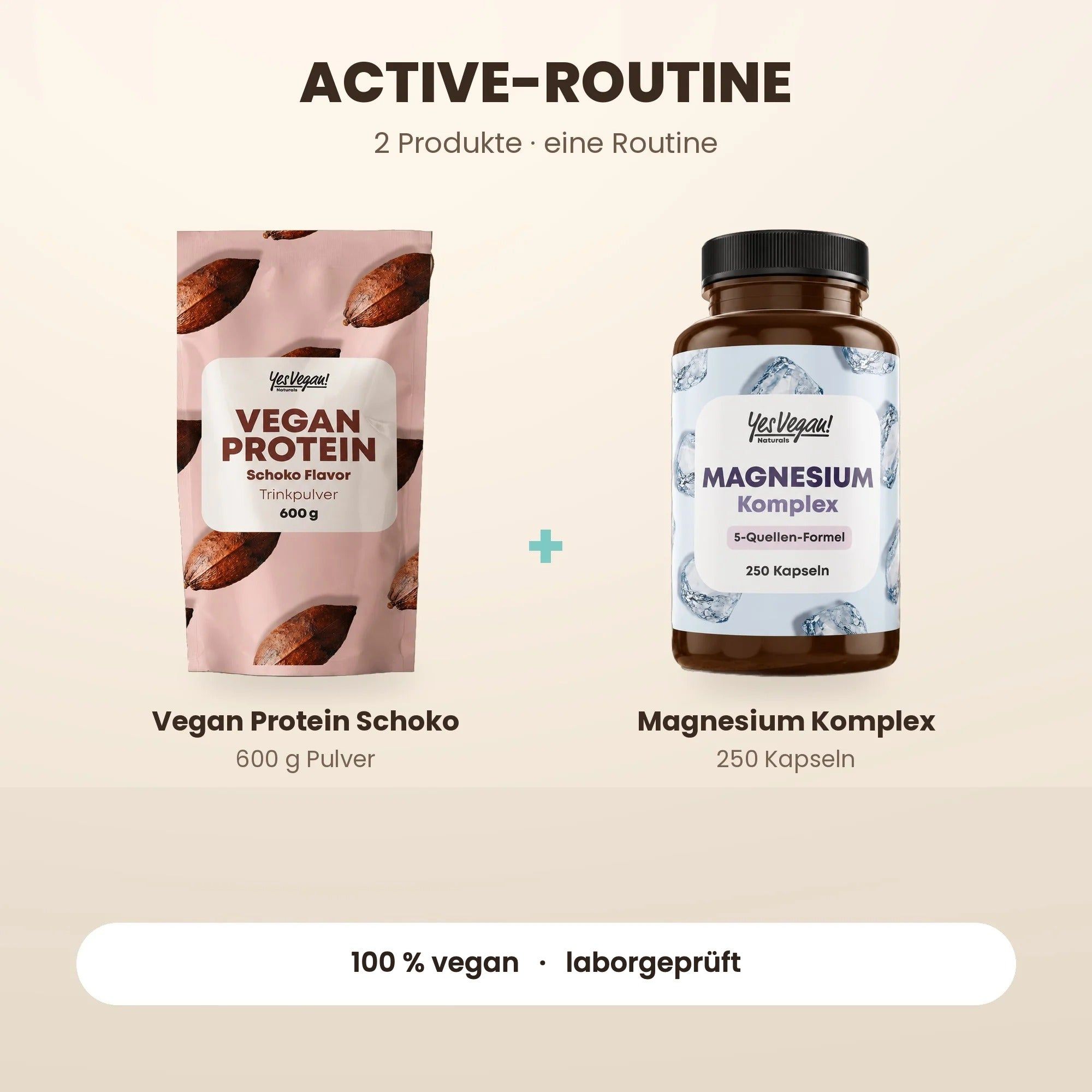 Yes Vegan Magnesium Komplex (250 Kapseln) und Vegan Protein Schoko (600g Pulver).