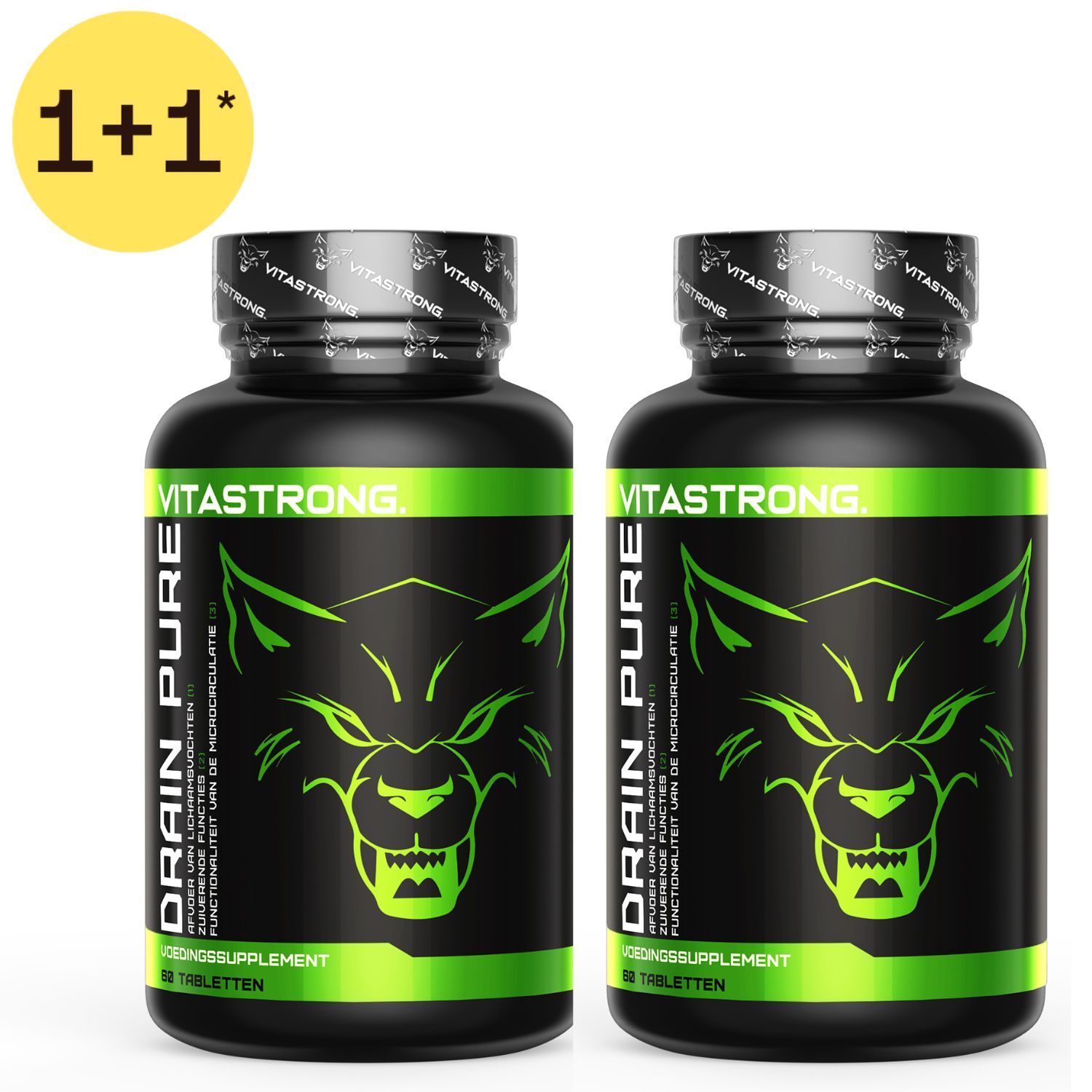 Zwei schwarze Flaschen mit grünen und gelben Etiketten, die ein Wolfskopf-Logo und den Text "VITASTRONG DRAIN PURE" zeigen. "1+1" in einem gelben Kreis.