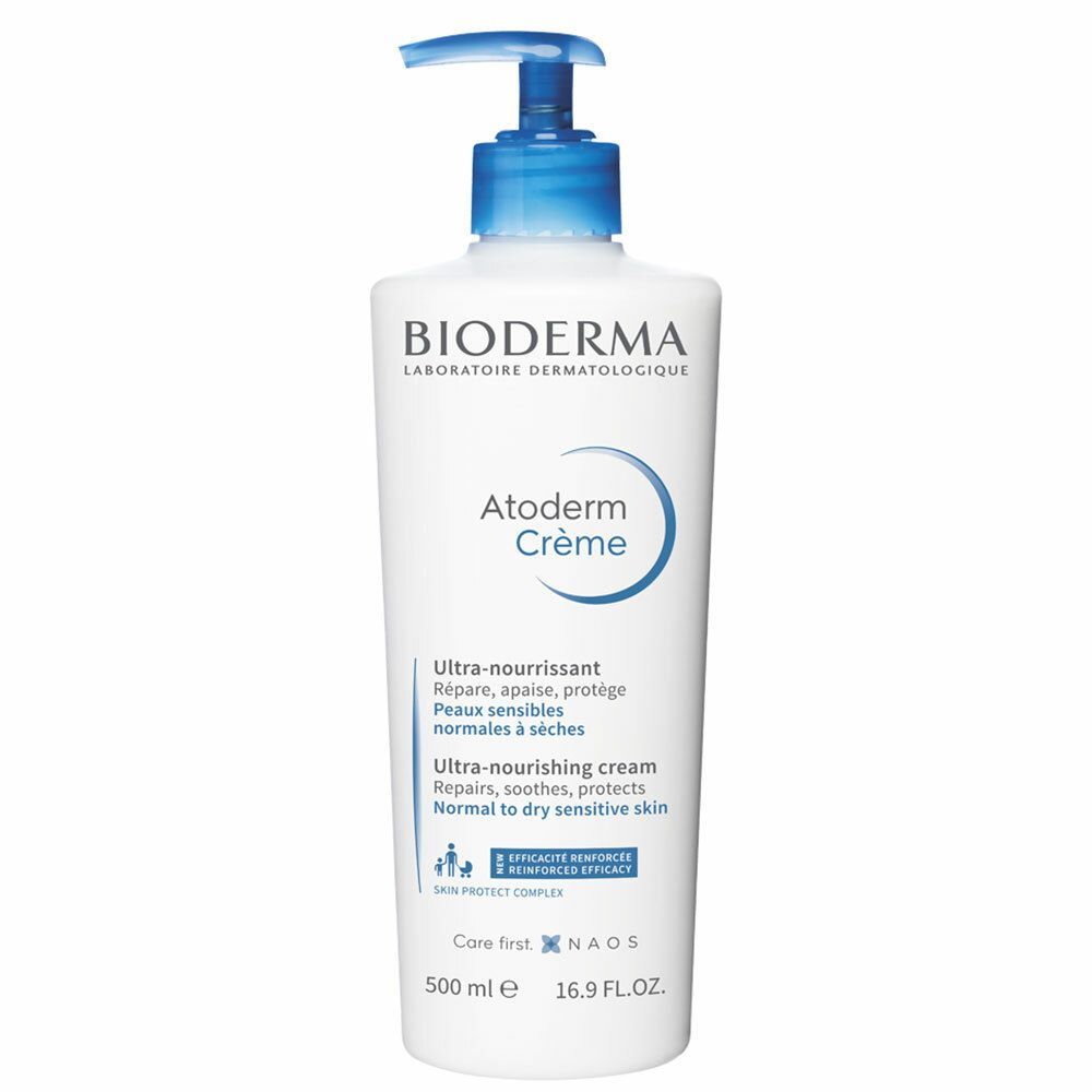 Weiße Flasche mit blauem Pumpverschluss. Aufschrift: BIODERMA, Atoderm Crème. Text: Ultra-nährend, für empfindliche Haut. 500 ml.