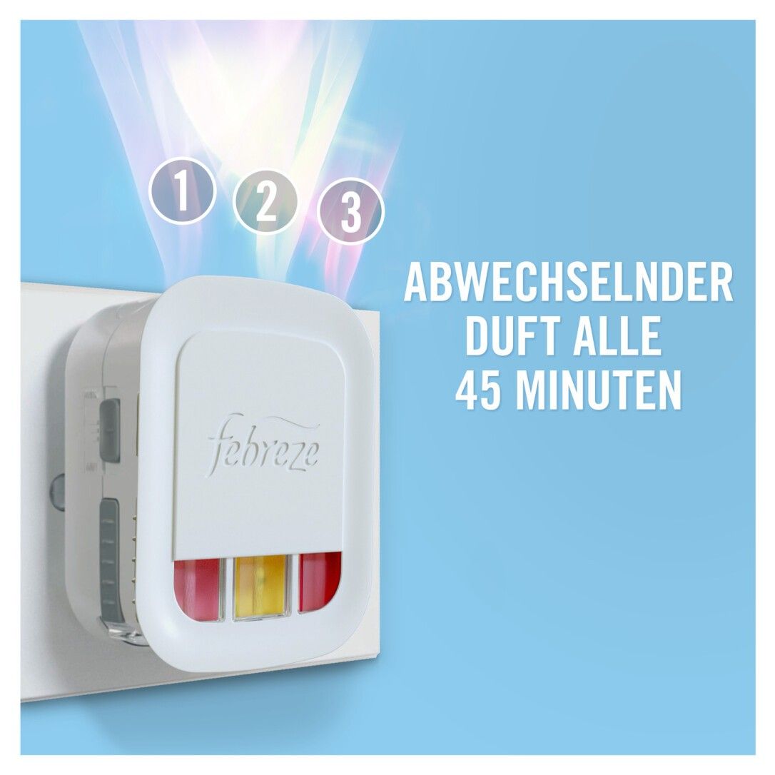 Duftstecker in Steckdose. Weißes Gehäuse mit farbigen Nachfüllungen. Text: Abwechselnder Duft alle 45 Minuten.