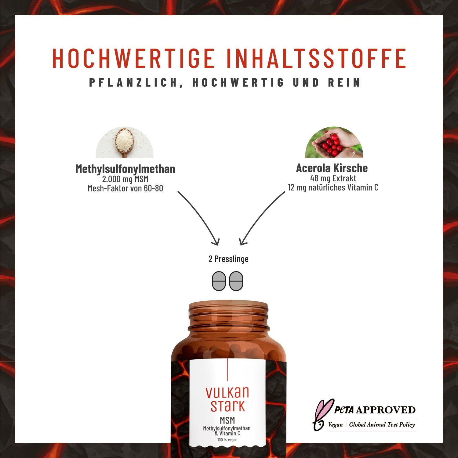 Infografik mit Inhaltsstoffen: Methylsulfonylmethan und Acerola Kirsche. Zwei Tabletten und eine braune Flasche mit Aufschrift vulkanSTARK.