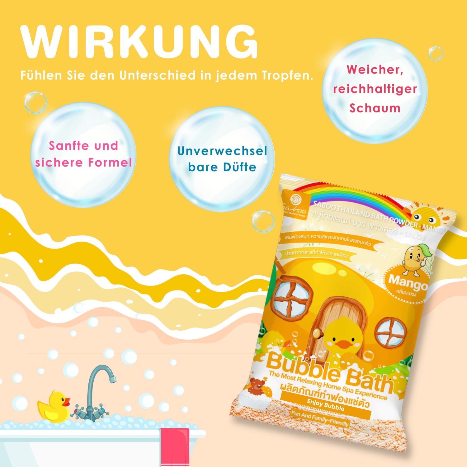 Gelber Hintergrund mit Text über die Wirkung des Produkts. Beutel mit SABOO Schaumbad Pulver Mango.