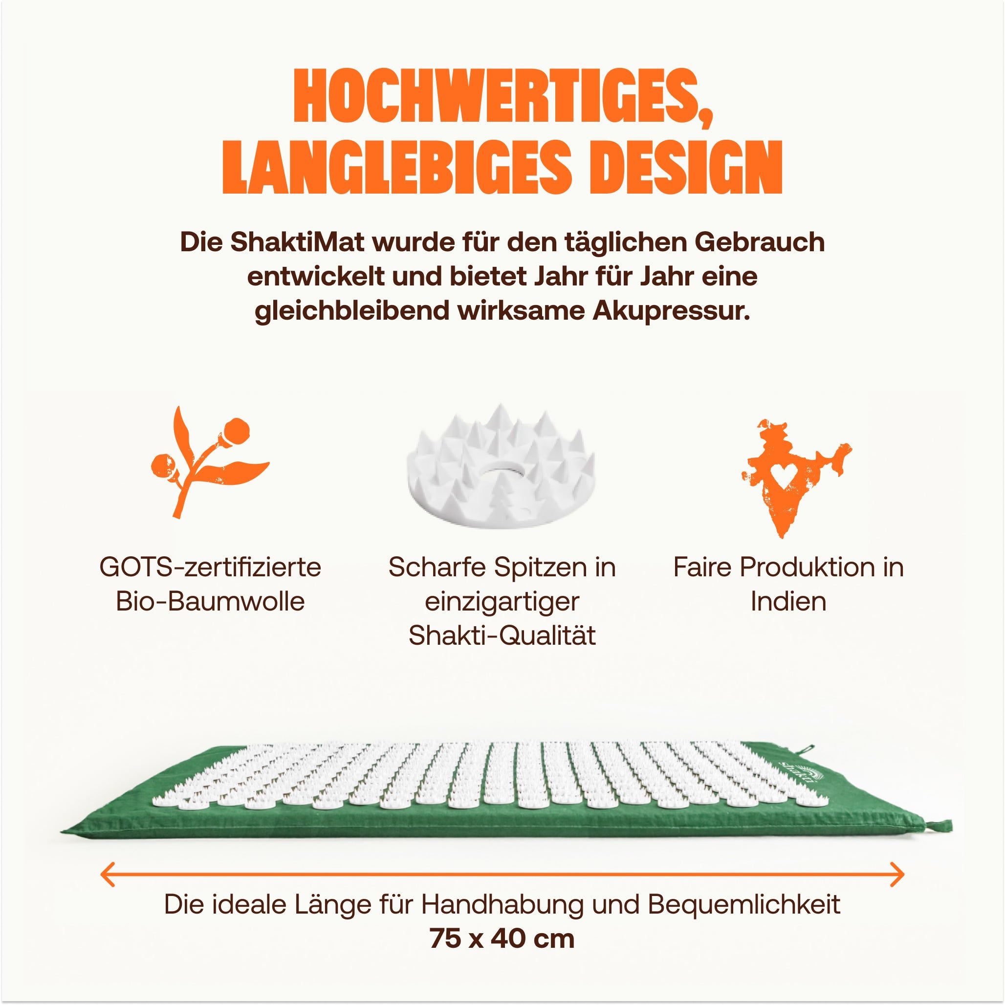 Grüne Akupressurmatte, 75x40cm, GOTS-Bio-Baumwolle, faire Produktion Indien.