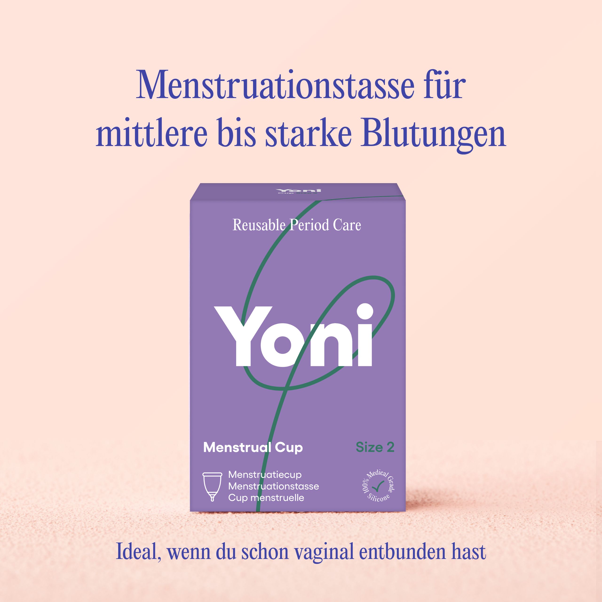 Lila Verpackung mit "Yoni" Schriftzug. Menstruationstasse, Größe 1. Medizinische Silikon.