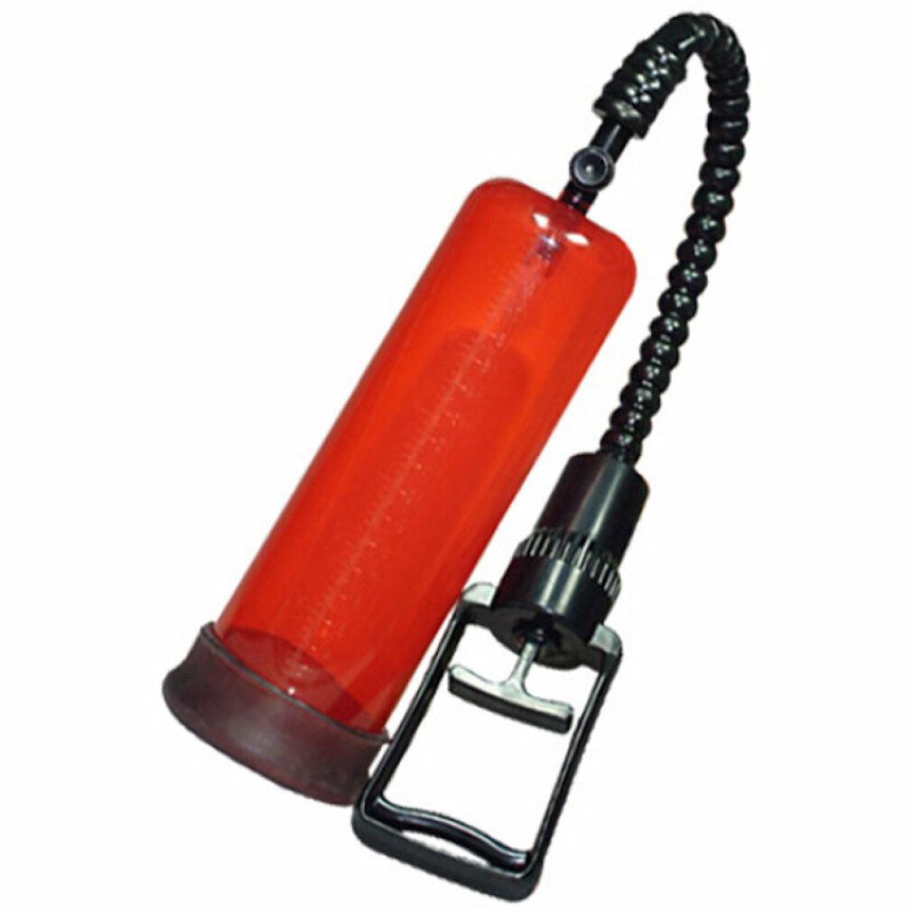 Rote, transparente Zylinderpumpe mit schwarzem Griff und Schlauch. Unterteil und Griff schwarz.